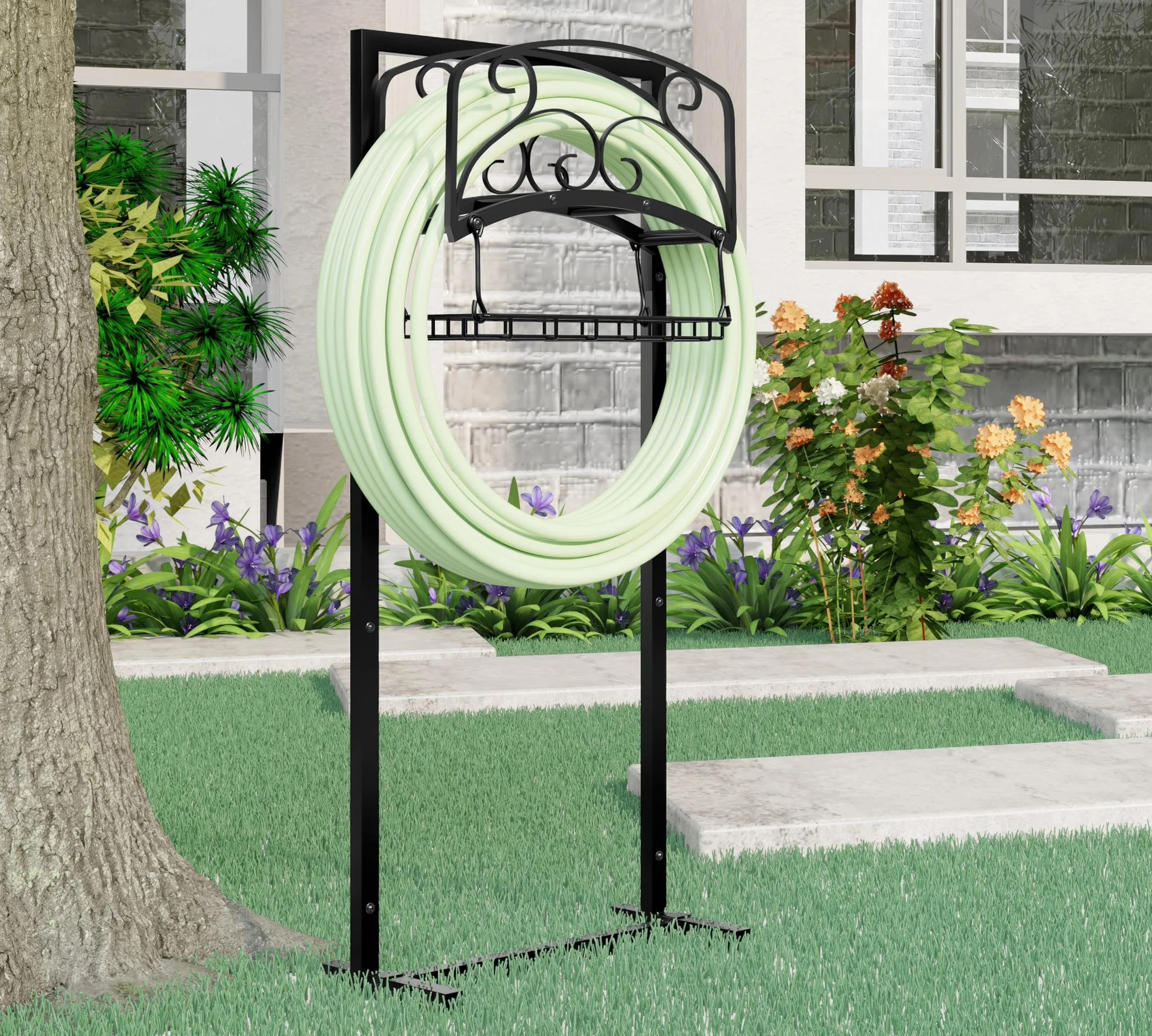 Kingson Support de tuyau d'arrosage portable avec panier de rangement – Support en acier robuste, peut contenir un tuyau de 45 m, finition noire, design amovible