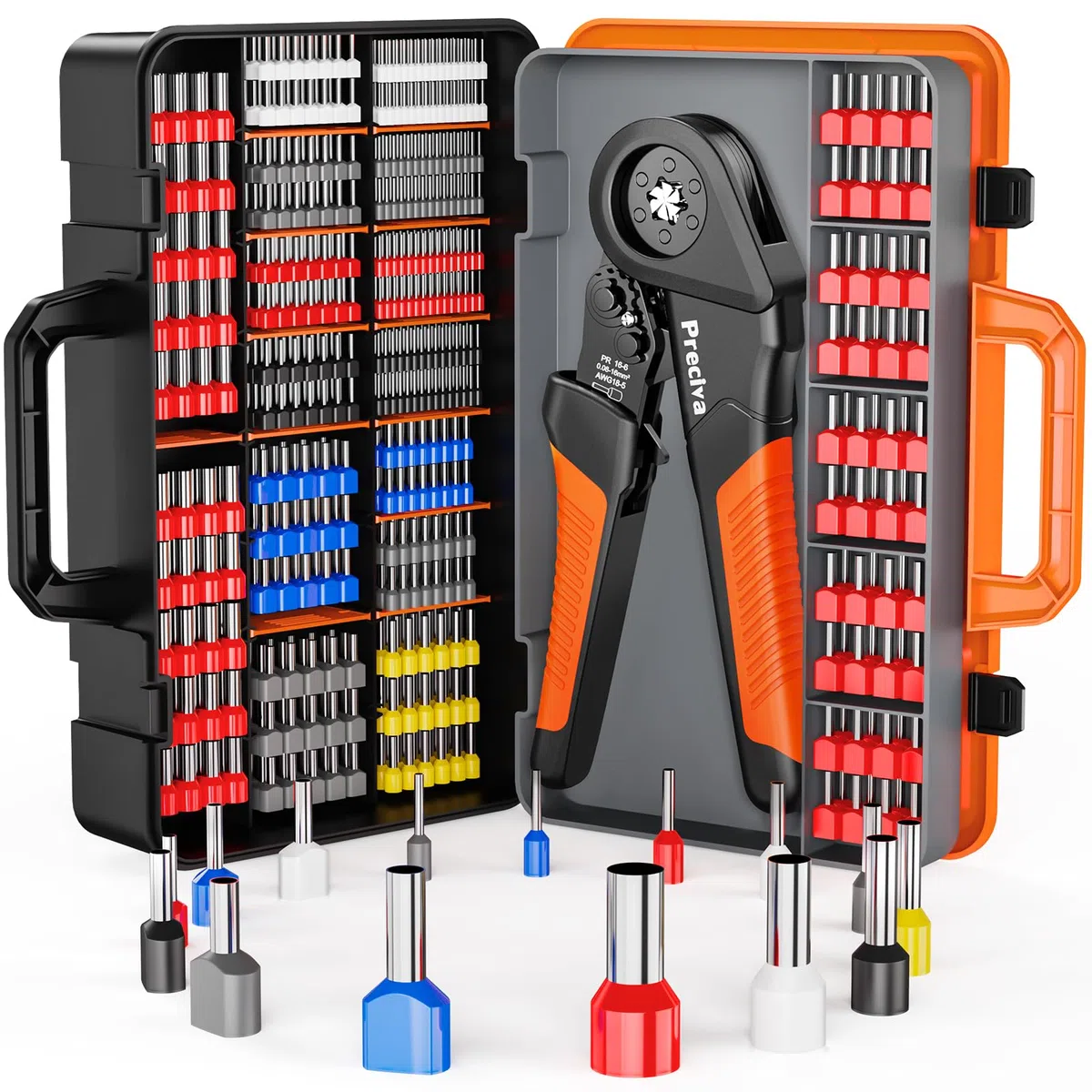 0.08-16mm² Pince à Sertir, Preciva Hexagone Pince a Sertir avec 1300 Cosses Electriques (350 Double Embouts) Outil de Sertissage Pince à Cliquet pour Câbles Isolés/Non Isolés, avec Boîte de Rangement