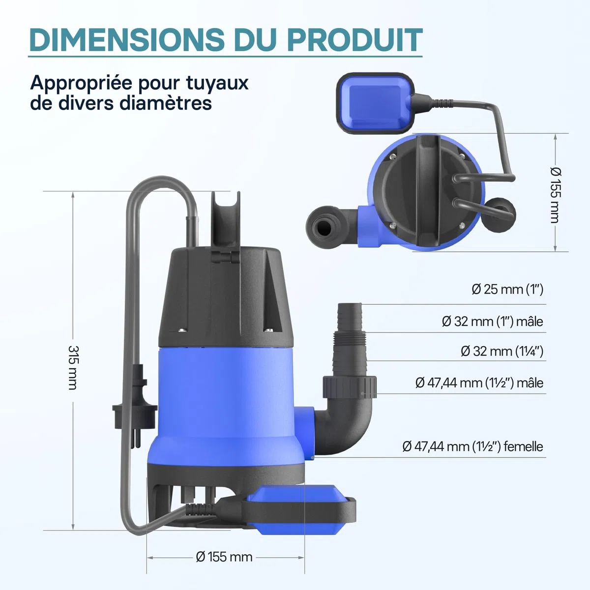 Wiltec Pompe électrique pour eaux sales – Submersible – 400 W / 7500 l/h – Refoulement max. 5 m – avec Flotteur – Particules jusqu’à Ø 35 mm – Arrosage Irrigation Jardinage Évacuation Drainage