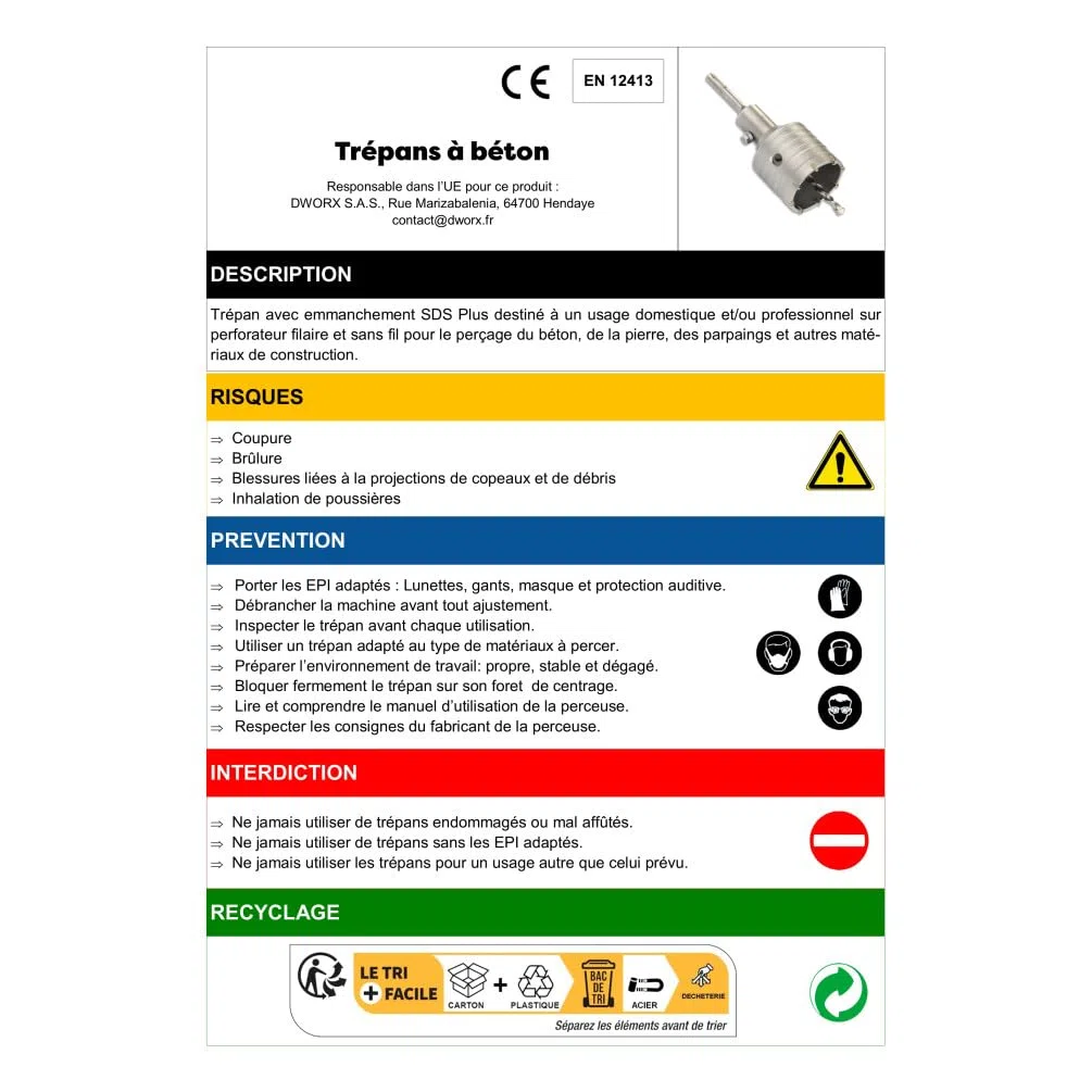 Scie Cloche Trépan Carbure Ø125 mm x 160 mm SDS+ - Perçage Béton, Pierre, Brique, Parpaing - Outil Tungstène Résistant Coupe Précise Durable