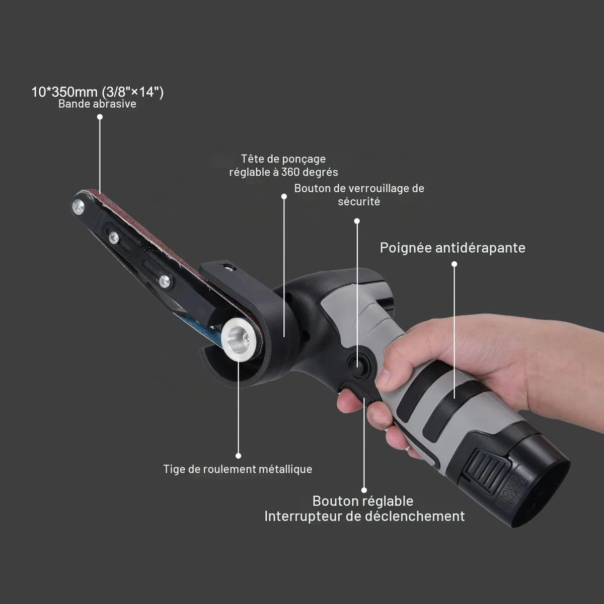 Geevorks Ponceuse à bande électrique Mini-ponceuse à bande de 6500 tr/min et 10 bandes abrasives pour bois, métal et plastique