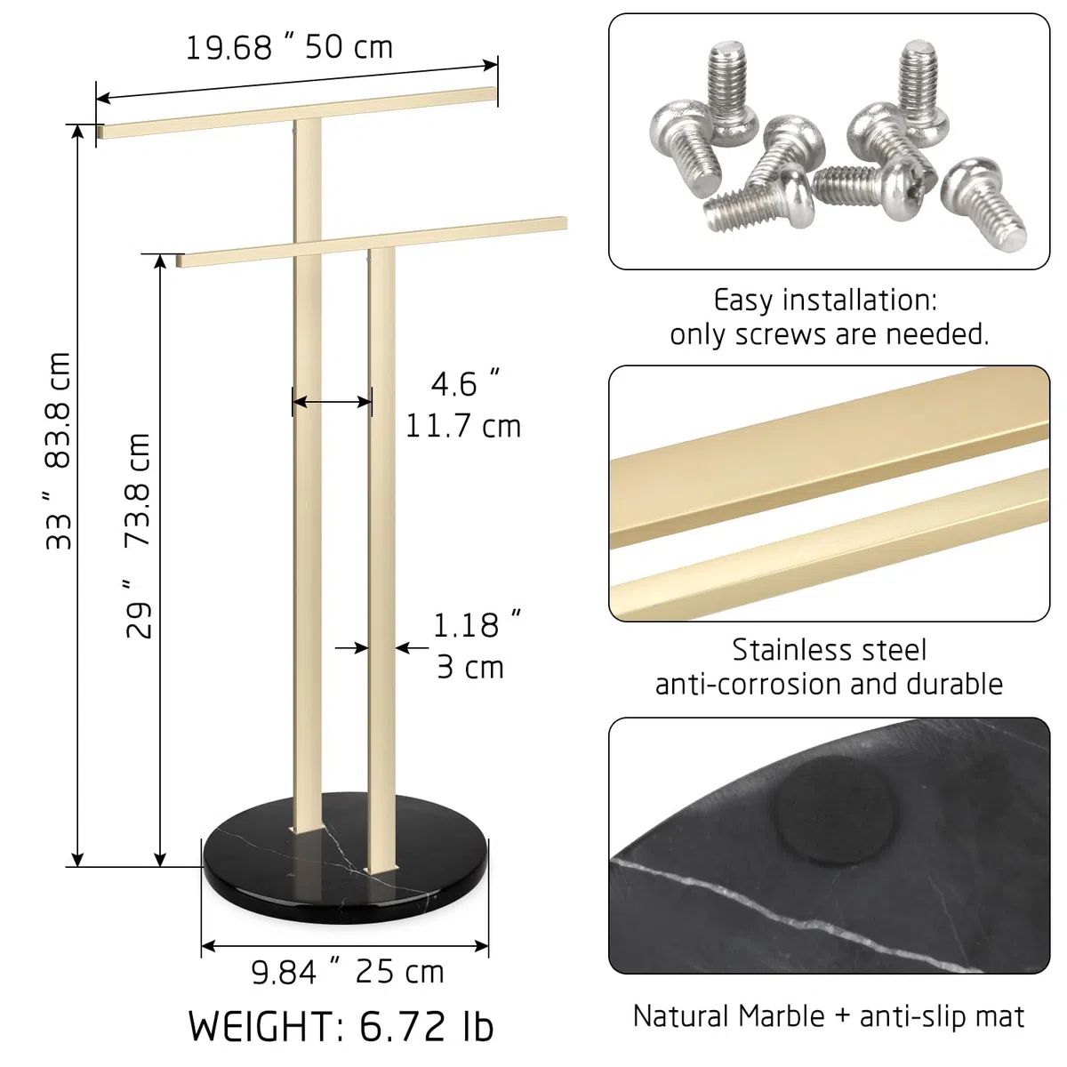 Porte Serviette Salle de Bain Support Serviette sur Pied 2 Barres avec Base Blanche Marbre Porte-Serviettes pour Plancher Sol Acier Inoxydable SUS304 en Forme de T (Or, Socle en Marbre Noir)