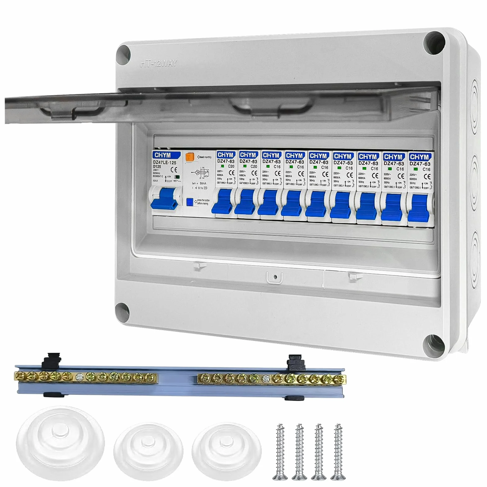 Coffret Electrique Etanche, Tableau Electrique avec Disjoncteur Différentiel, Boîtier de distribution électrique IP65 pour Caravanes/Garages/Ateliers/Villas, Disjoncteur 125A, 7x16A+2x20A