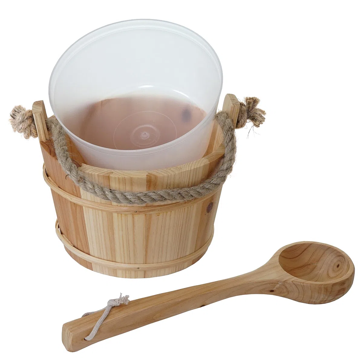 Seau pour sauna avec louche HWC-B26, accessoires pour sauna, pin 3,5 l - marron clair