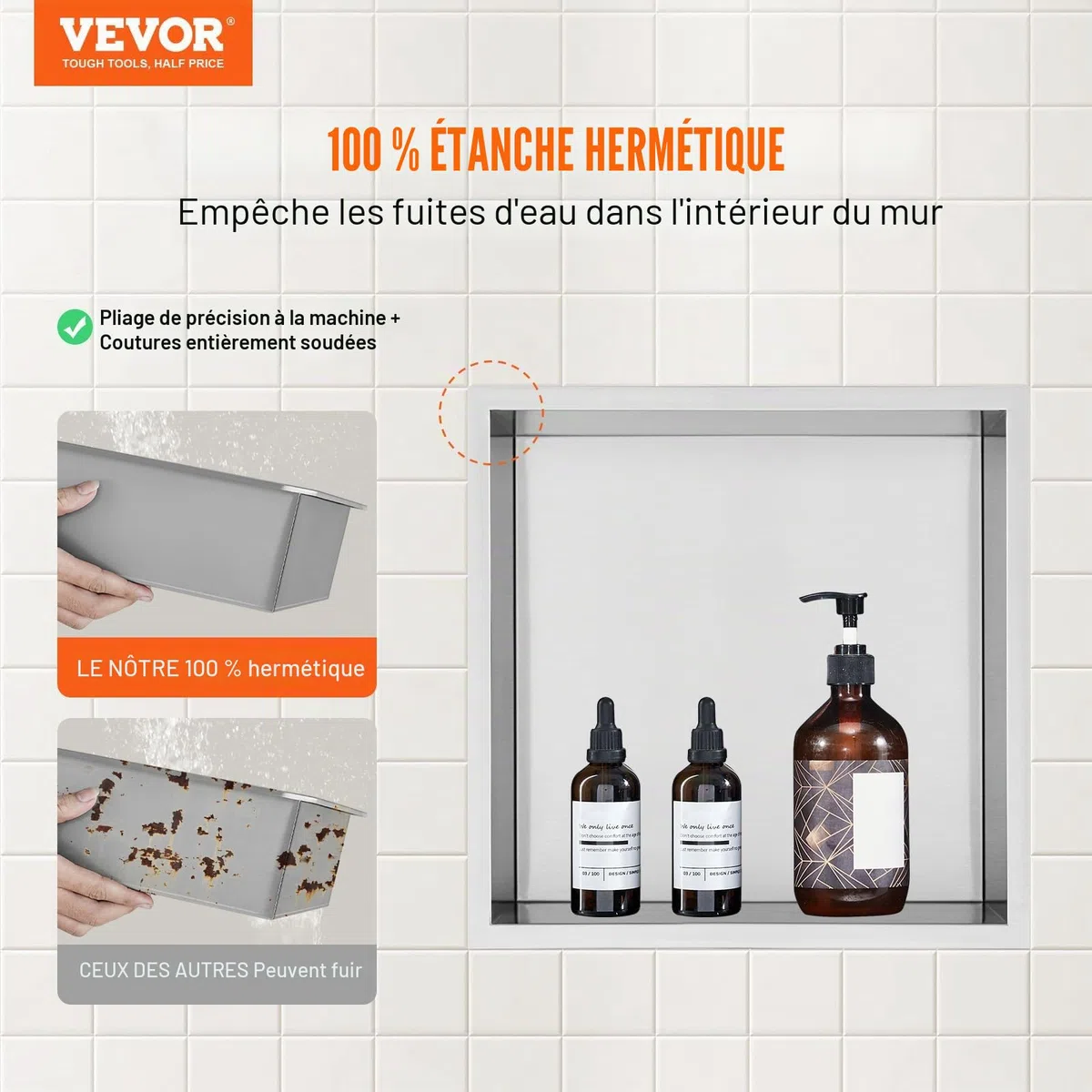 VEVOR Niche Encastrable Salle de Bain 33,02x33,02 cm Niche Douche Murale Double Étagère Acier Inoxydable 304 Scellée Étanche Facile à Nettoyer Moderne pour Stockage Savon Douche Salle de Bains, Argent
