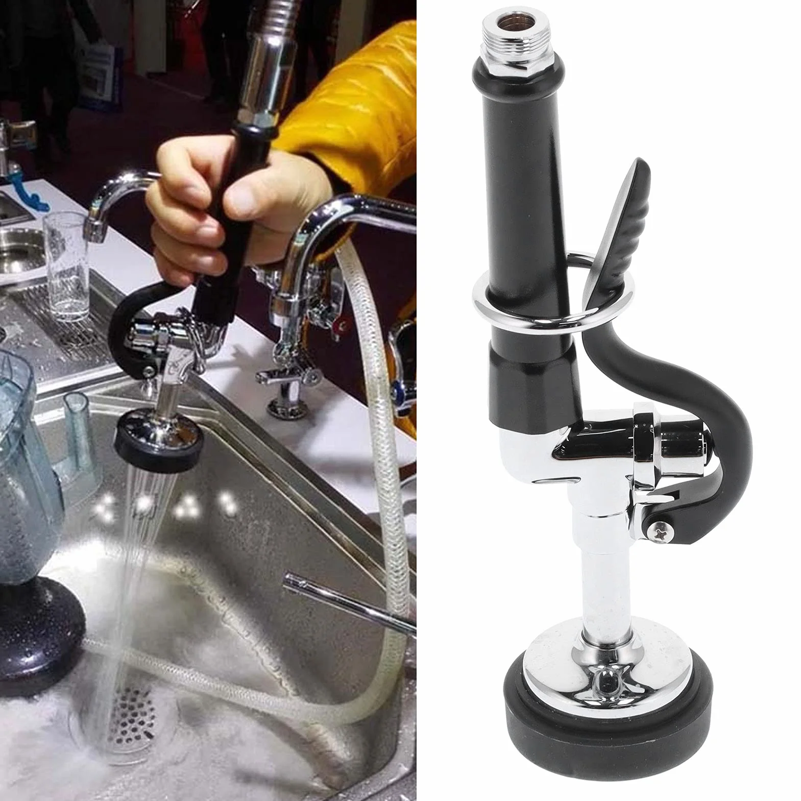 Fockety Vanne de Pulvérisation de Pré-rinçage, Kit de Remplacement de Tête de Pulvérisateur de Robinet D'évier Commercial à Haute Pression, Pulvérisateur de Pré-rinçage avec Poignée (Noir)