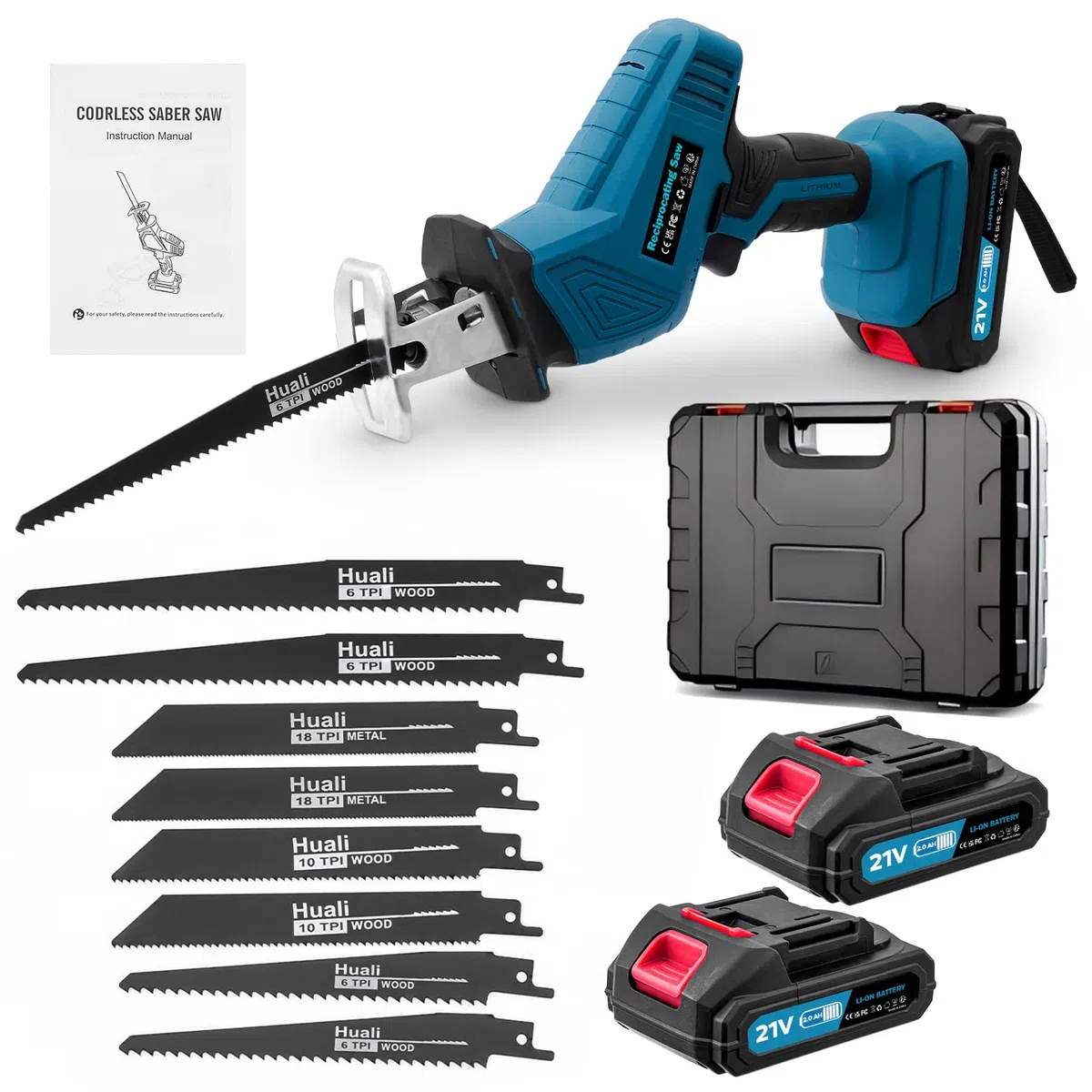 Scie sabre universelle à batterie de 0-4000 tr/min 21V sans fil | Scie réciproque avec éclairage LED et 2 batteries de 2000mAh Chargeur rapide 8 lames de scie pour bois métal PVC pour chantier