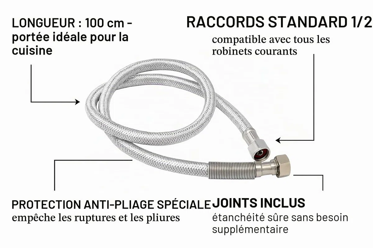 UZMAN Tuyau de douche Gastro 100 cm avec protection spéciale anti-torsion – Raccords standard 1/2" avec joints Tuyau de rechange pour cuisine et restauration