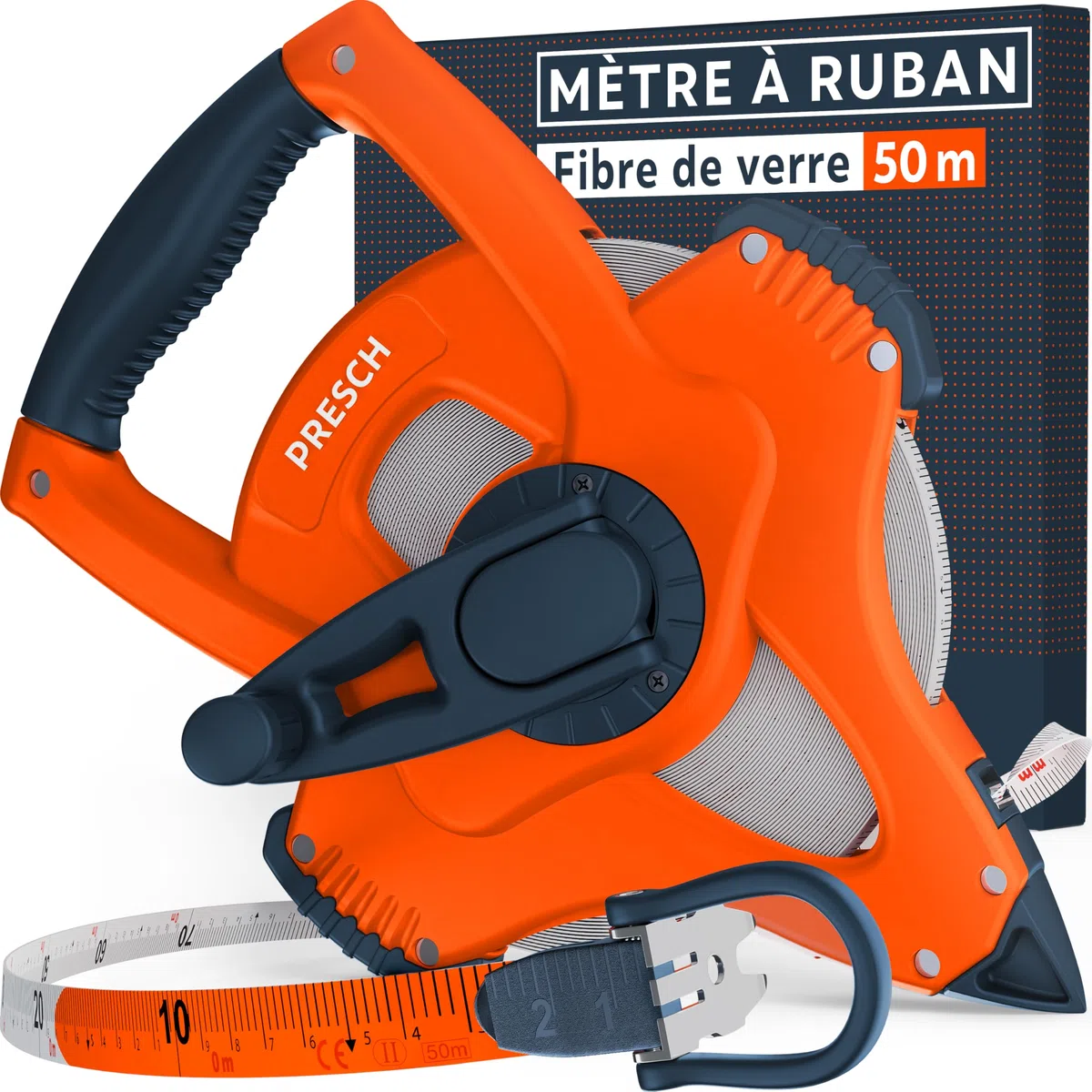 Presch Mètre Ruban 50m – Décamètre en Fibre de Verre résistant – Retour Rapide 3:1 – Verrouillage par Manivelle – Maintien sûr avec crochet multifonctions - Mètre enrouleur, Ruban d'Arpenteur
