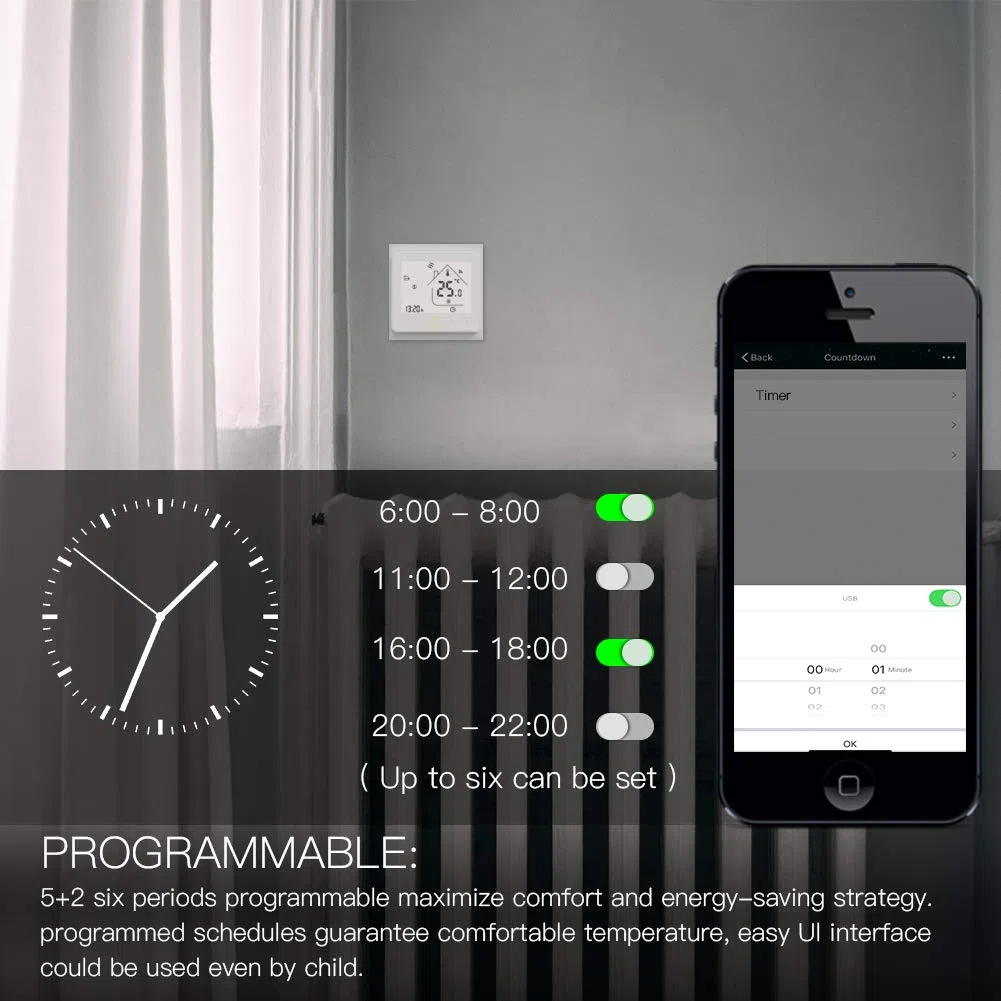 MOES WiFi Thermostat Chauffage au Sol à Eau Connecté et Intelligent Filaire, WiFi 2.4GHz et Fil Neutre Requis Contrôleur de Température, Compatible avec Smart Life Tuya Alexa et Google Home