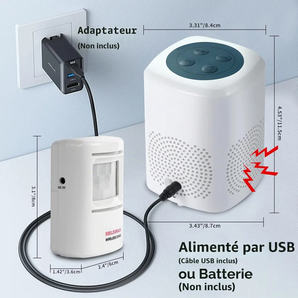 Détecteur de mouvement d'alarme d'aboiement de chien, détecteur de sécurité domestique sans fil de 300 mètres, kit de cloches de porte (lot de 1 capteur + 1 récepteur)