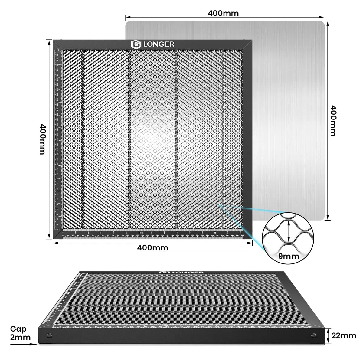 LONGER Plateau de travail nid d’abeille 400 x 400 mm – Table en aluminium pour graveur et découpeur laser CO2 et diode – Dissipation thermique rapide et protection du support