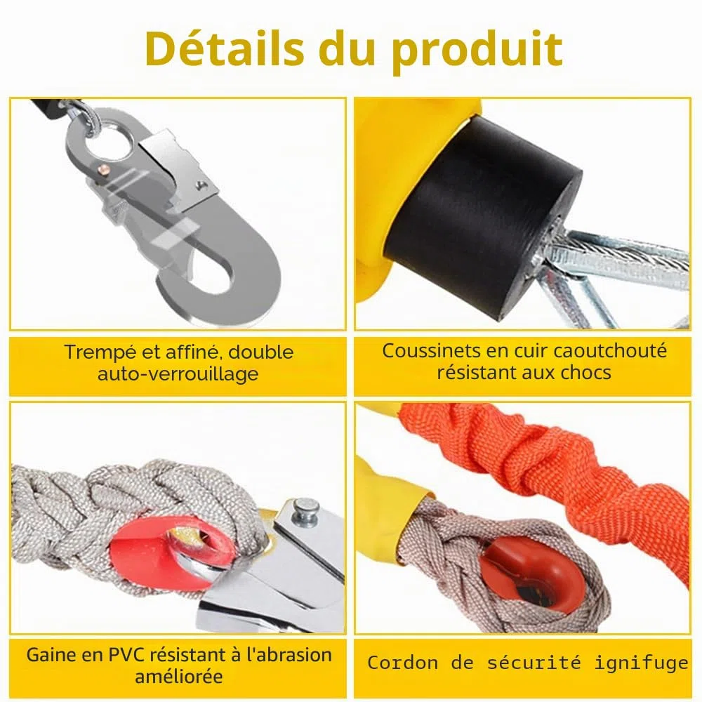 Dispositif Anti Chute a Rappel Automatique, Ligne de Vie Auto-Rétractable, Anti Chute a Rappel Automatique, Corde de Sécurité pour Toiture, D'échafaudage et Travaux en Hauteur, Charge:150kg