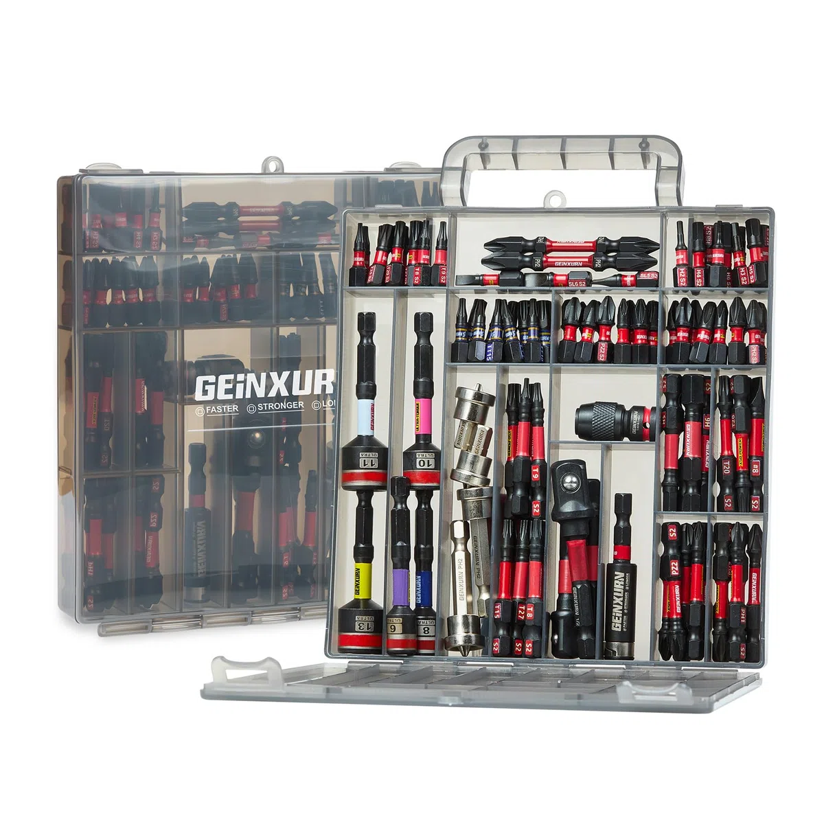Geinxurn Lot de 99 Embouts de Vissage (Torx, Cruciforme, PZ, Hex, SL), en Acier S2 Magnétique, avec Porte-embout, Adaptateur, Clé à Douille, Embout PH2 avec butée de profondeur avec Boîte de Gris