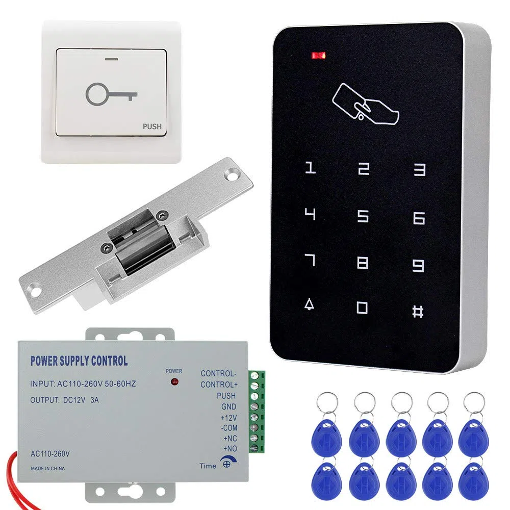 KDL Kit Complet de système de contrôle d'accès RFID Clavier Autonome avec Verrouillage de gâche électrique de Type NO, Alimentation DC12V / 3A, Interrupteur de Porte, 10pcs étiquettes de clé RFID