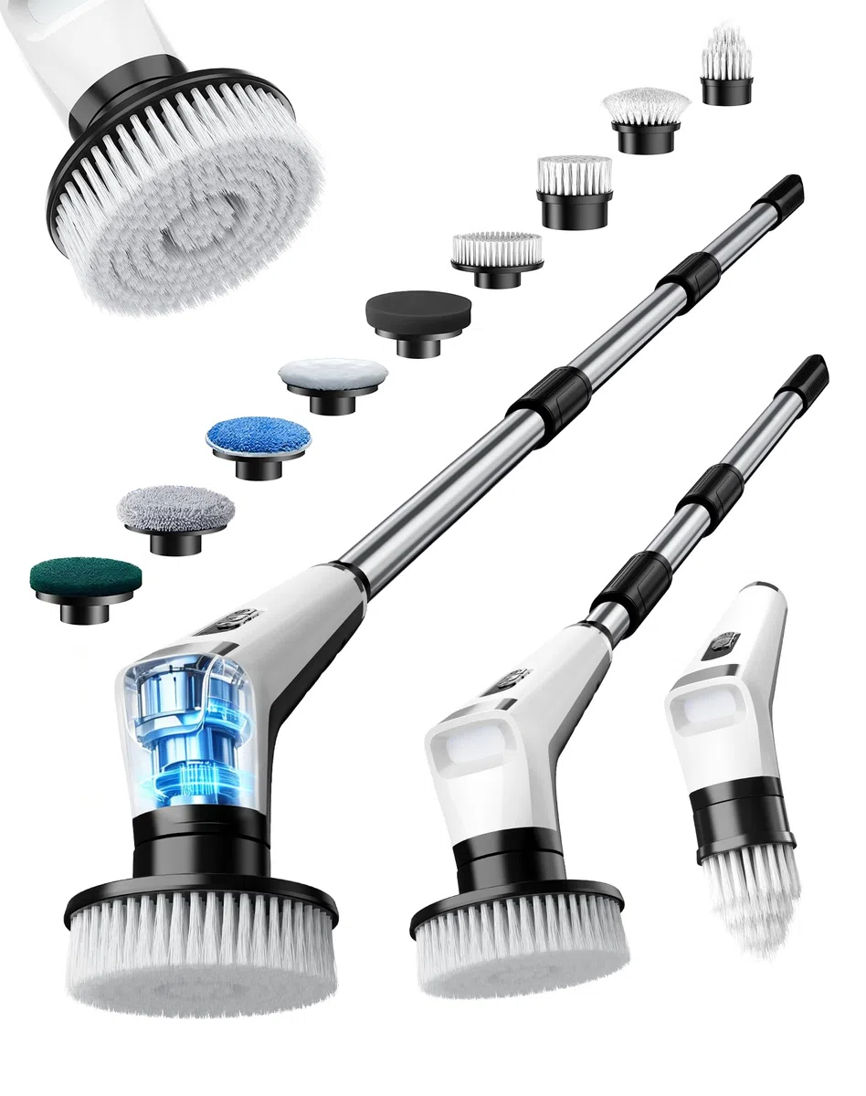 Brosse Nettoyage Électrique avec 9 Têtes, Manche Extensible, 3 Vitesses, Étanche IPX8, Batterie de 3000 mAh, Brosse Rotative Nettoyage avec Éclairage LED pour Salle de Bain, Cuisine, Sols