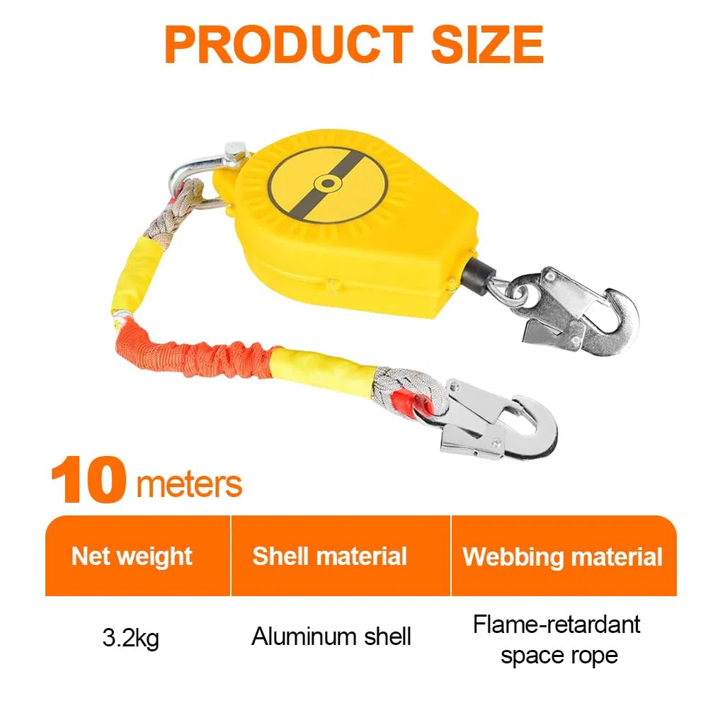 Dispositif Antichute a Rappel Automatique, 10m Protection Antichute Rétractable, Harnais de Securite Anti Chute Rétractable Toiture et Travaux Aériens, 150 KG Maximale(Jaune,10m)