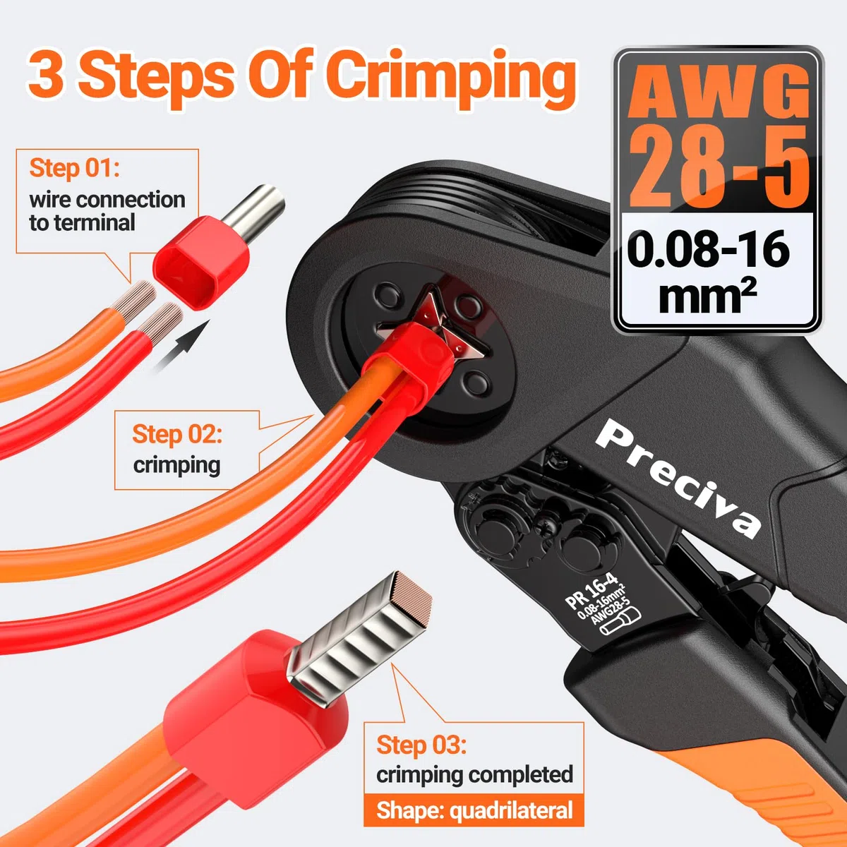Preciva Pince à Sertir 0.08-16mm² avec 1300 Cosses Electriques (350 Double Embouts), Mécanisme Cliquet Réglable, Poignée Ergonomique Anti-Fatigue Pour Câbles Isolés/Non Isolés, avec Boîte de Rangement