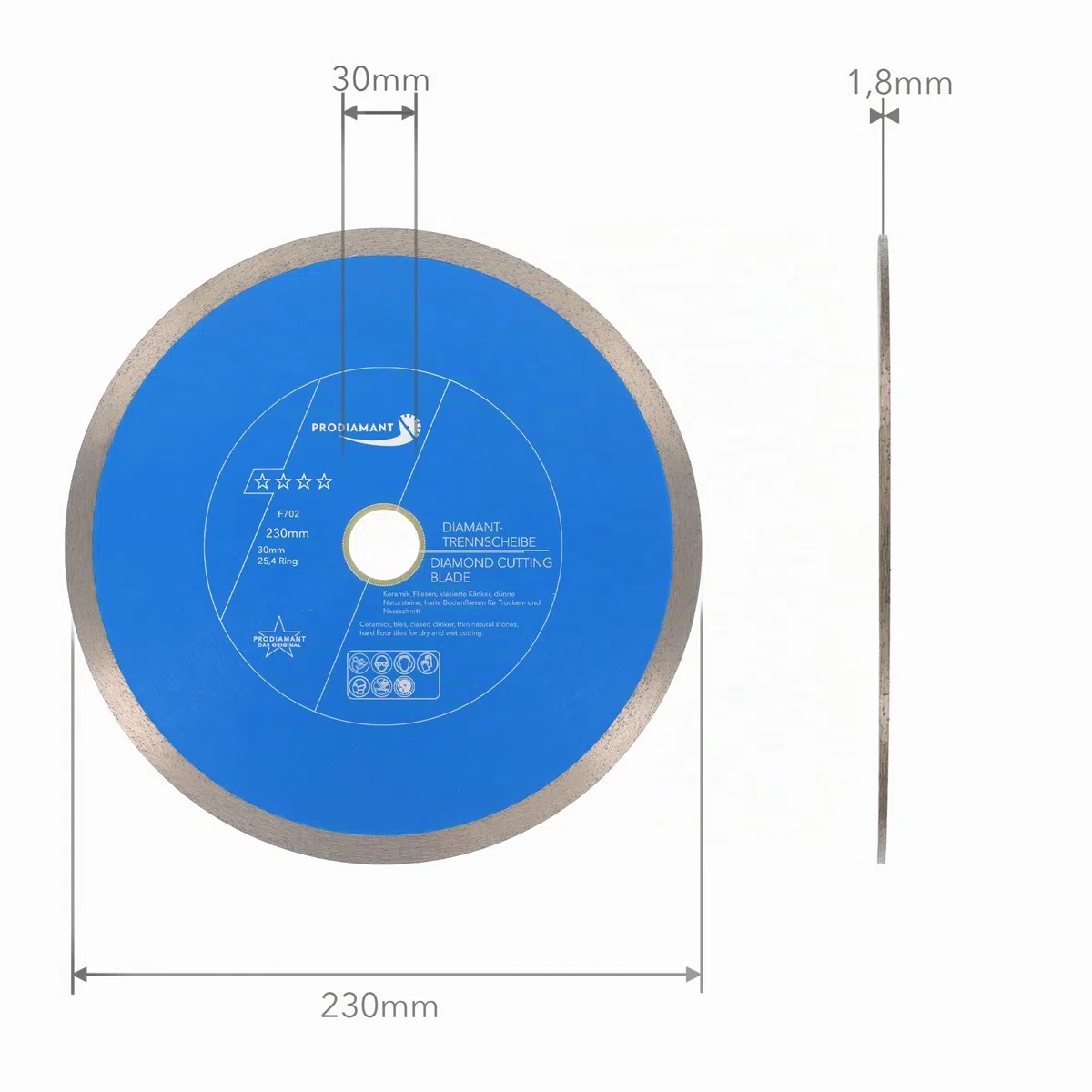 PRODIAMANT Disque à tronçonner diamanté Carrelage professionnel 230 mm x 30/25,4 mm F702 ProRim pas d'éclats pour les carreaux émaillés Grès cérame et pierre naturelle