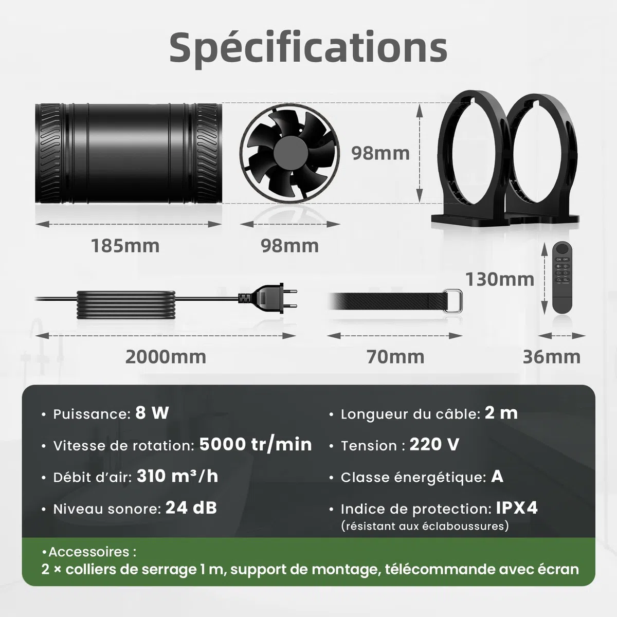 MOCINE Ventilateur de Conduit 100 mm avec Base de Montage, 8 Vitesses, Fonction Minuterie avec Télécommande à Écran, 310 m³/h, 5000 tr/min, Noir, Extracteur d’Air pour Garage, Salle de Bain et Serre