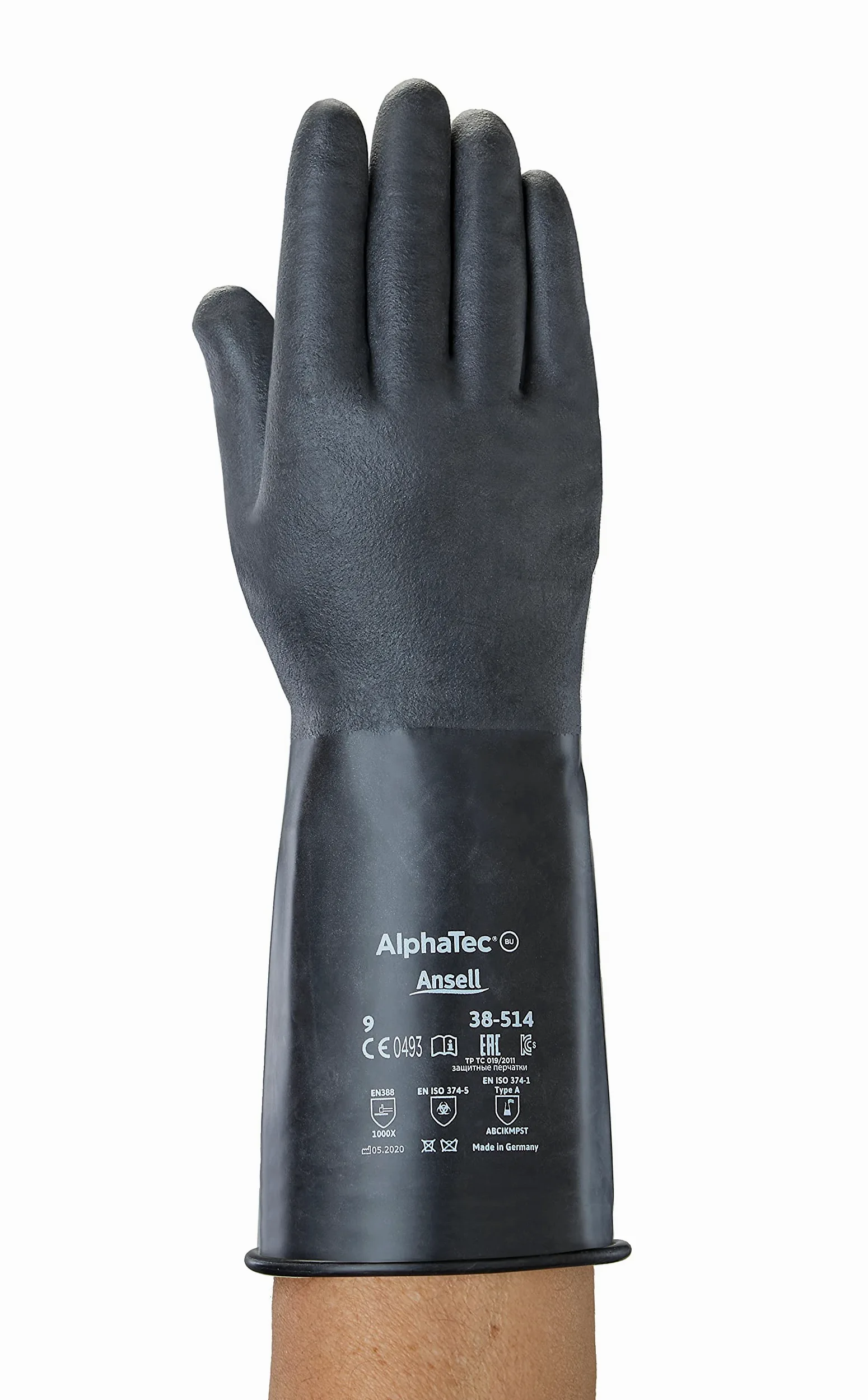 Ansell AlphaTec 38-514 Gants de Protection Chimique, Protection Maximale pour Travaux Dangereux, Design Souple et Confortable, Sans Latex, Homme Femme, Réutilisable, Taille L (1 Paire)