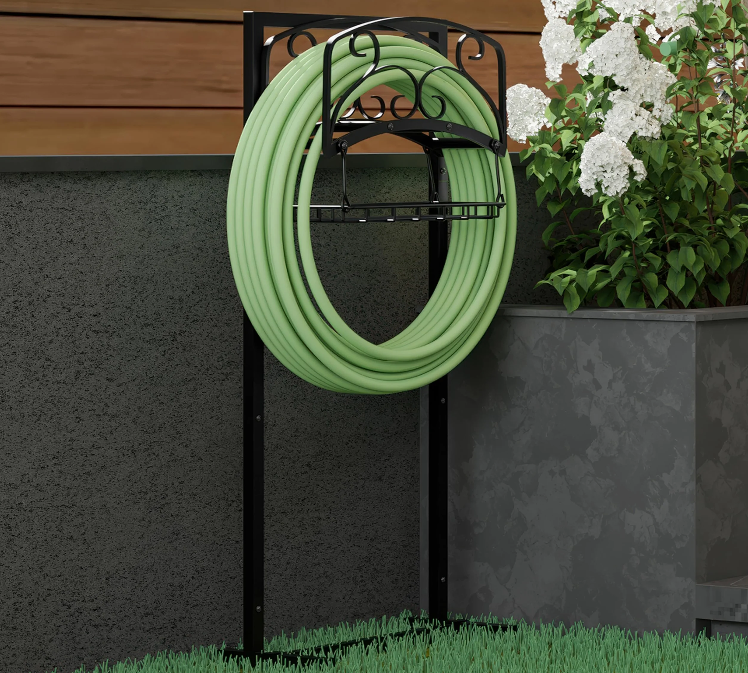 Kingson Support de tuyau d'arrosage portable avec panier de rangement – Support en acier robuste, peut contenir un tuyau de 45 m, finition noire, design amovible