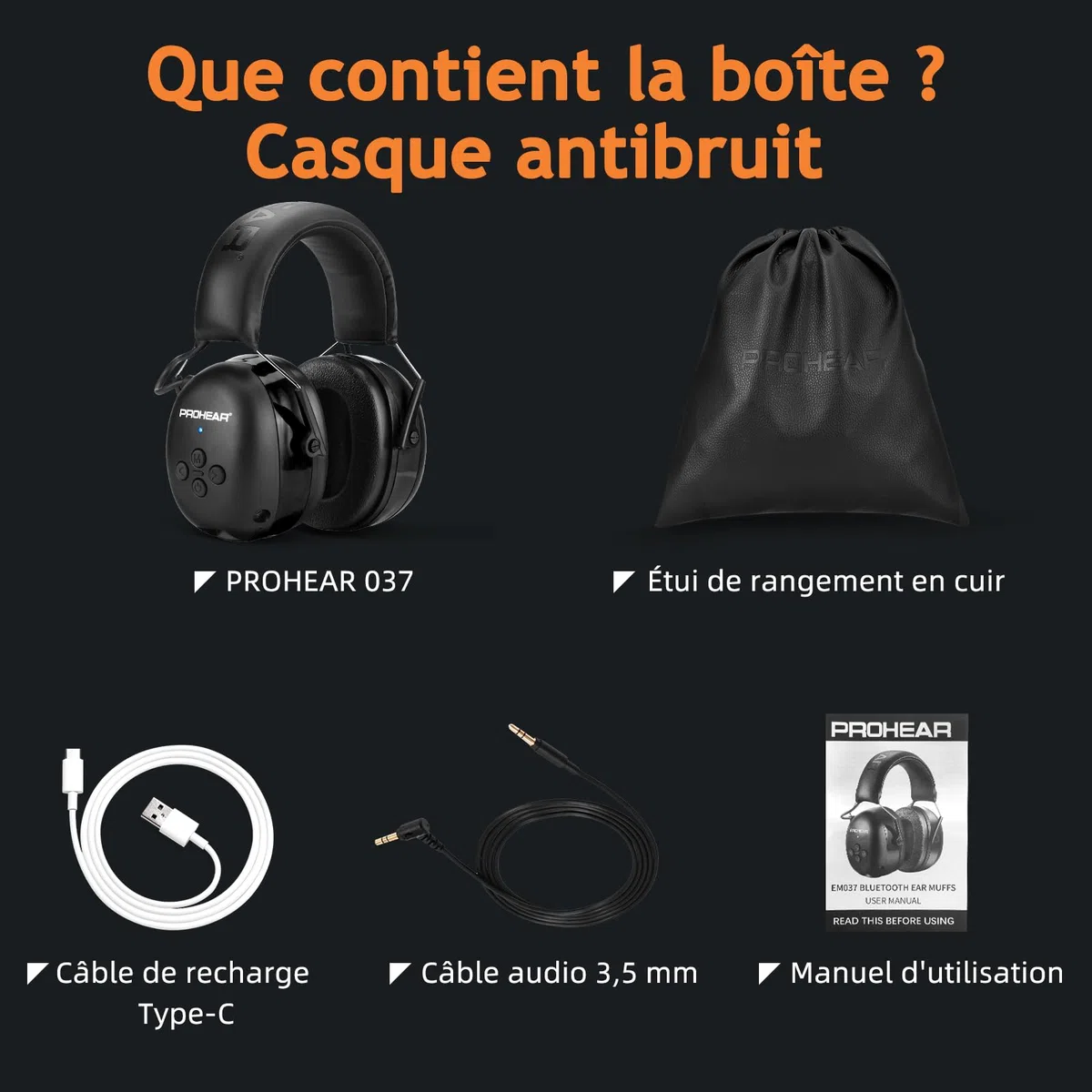 PROHEAR 037 Bluetooth 5.4 Casque Anti Bruit, Musique Protection Auditive Rechargeable avec Sac Transport, Cache-Oreilles de Protection pour Tonte, Construction, Menuiserie, SNR 30dB - Noir