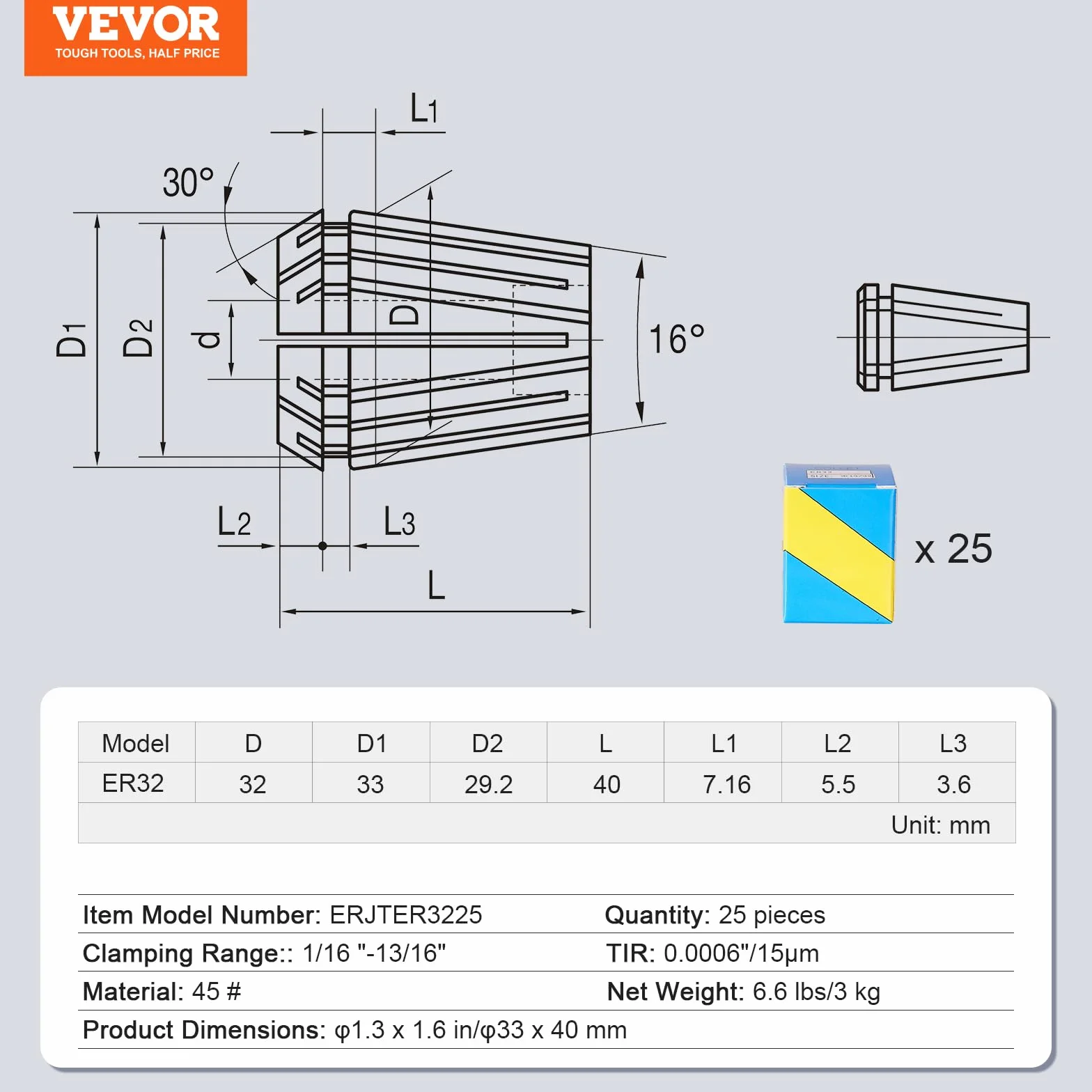VEVOR Pinces de Serrage à Ressort ER32 25PCS 1/16"-13/16" 1,6-20,6 mm TIR 0,0006" 15 μm avec 25 Boîtes de Rangement Étiquetées pour Machine de Gravure CNC, Fraiseuse, Outil de Tour, Perceuse, Presse