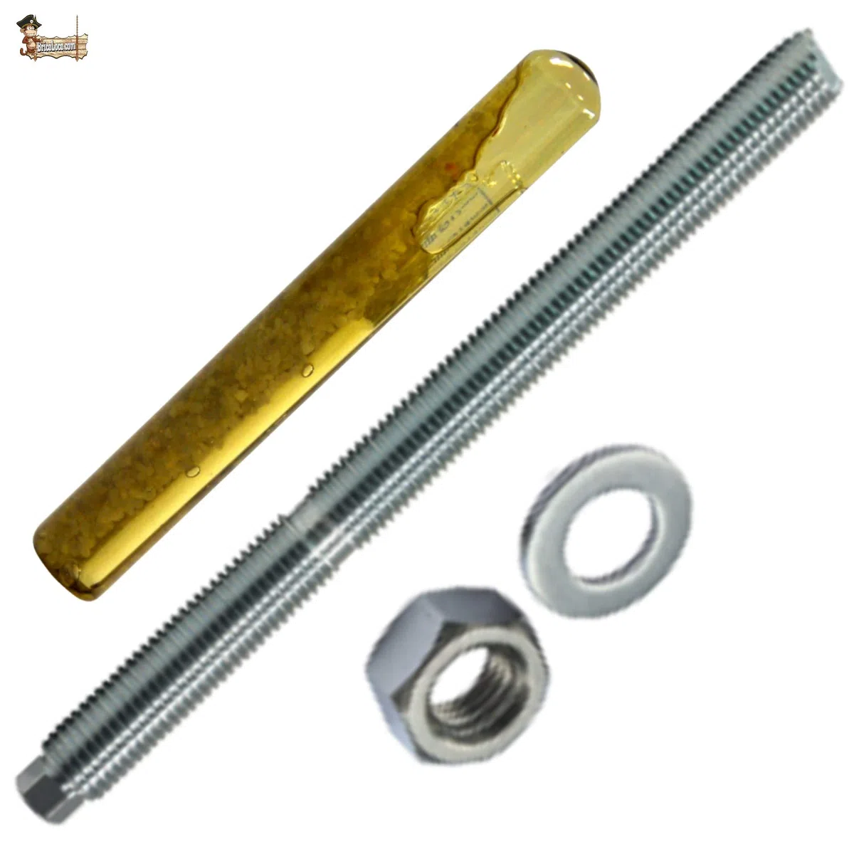 Kit BricoLoco Taco chimique monodose avec goupille à tige, écrou et rondelle. Capsule chimique pour ancrage dans le béton, la pierre, le fer, le sol, le plafond, le mur,... (5, M-12x160)