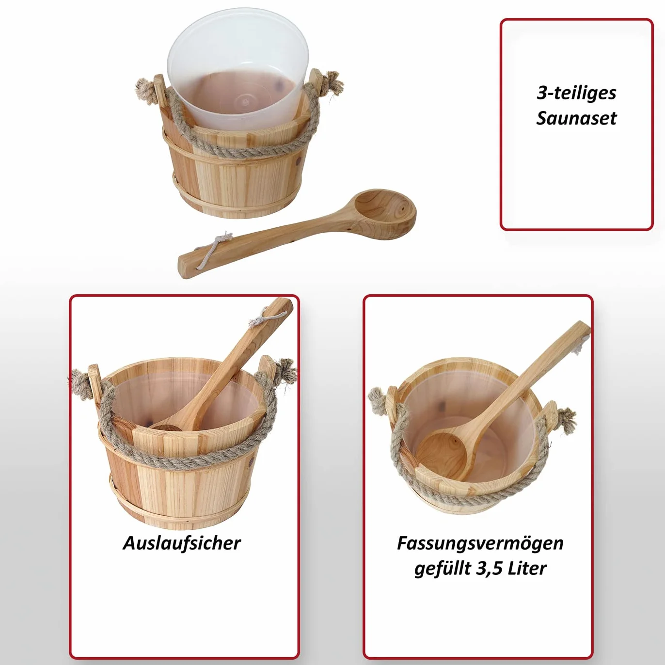 Seau pour sauna avec louche HWC-B26, accessoires pour sauna, pin 3,5 l - marron clair