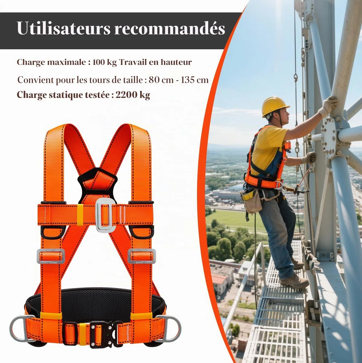 Harnais de Sécurité avec Longe, Harnais Anti Chute, Baudrier Escalade, avec Support Ventral Epaissi, Portante 100 kg, pour le Travail Aérien, les Hommes (Grande Boucle 1,6 m)
