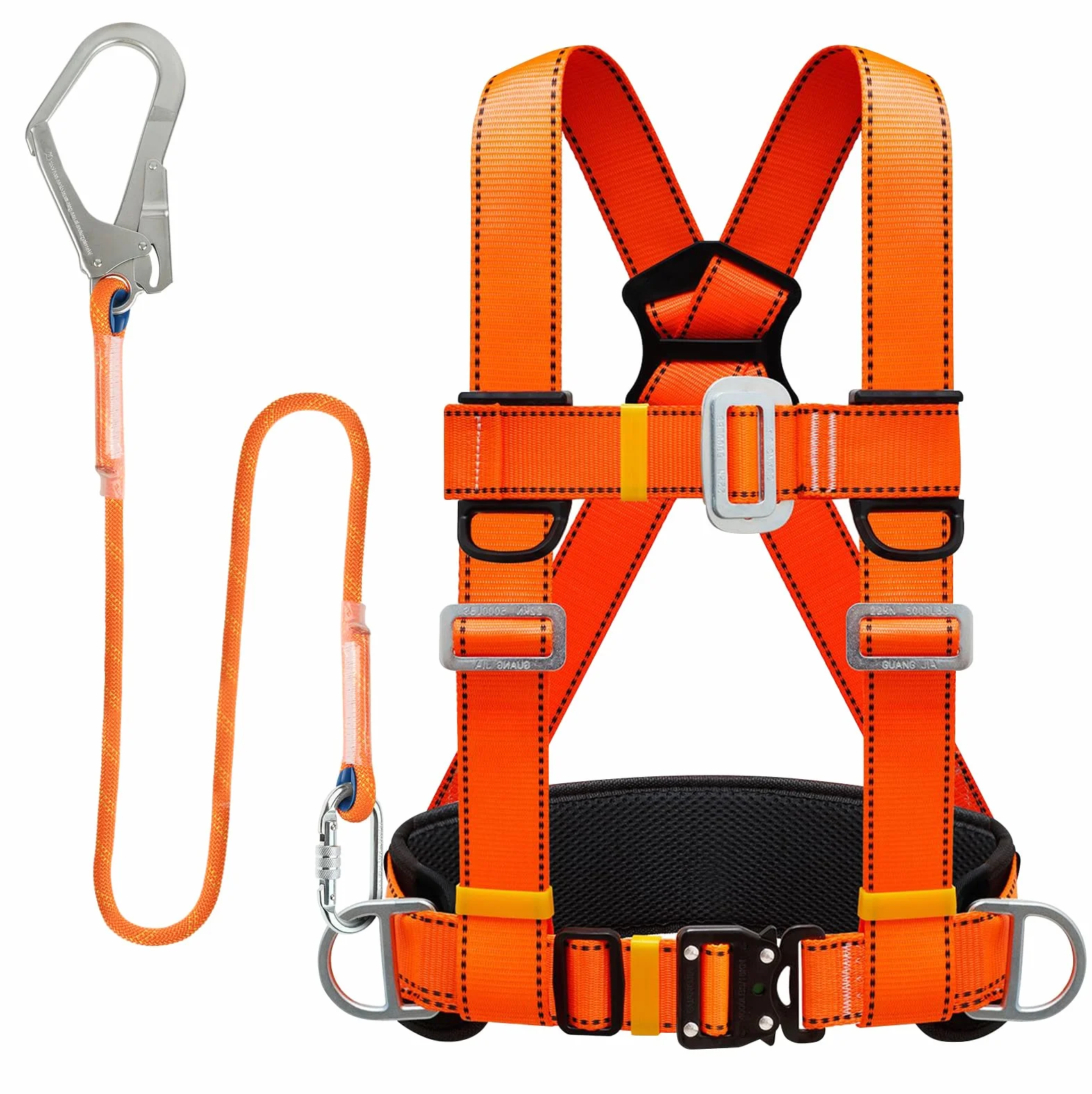 Harnais de Sécurité avec Longe, Harnais Anti Chute, Baudrier Escalade, avec Support Ventral Epaissi, Portante 100 kg, pour le Travail Aérien, les Hommes (Grande Boucle 1,6 m)