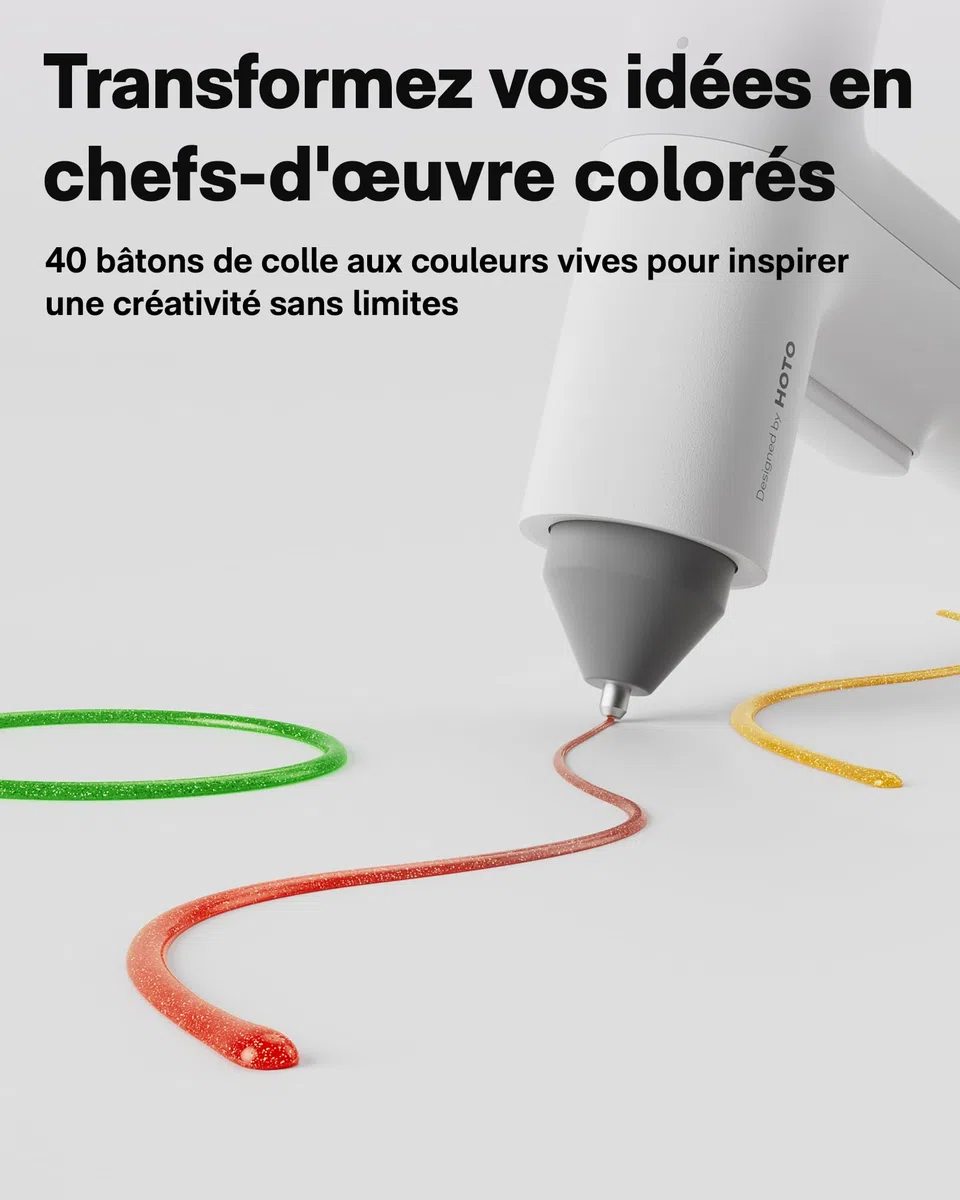 HOTO Pistolet à Colle sans Fil, Pistolets à Chaude Colle Électriques Rechargeable USB-C, 3000mAh, 40X7mm Bâtons de Colle Colorés, Chauffage Rapide de 30s, Distribution Automatique pour DIY/Art/Maison