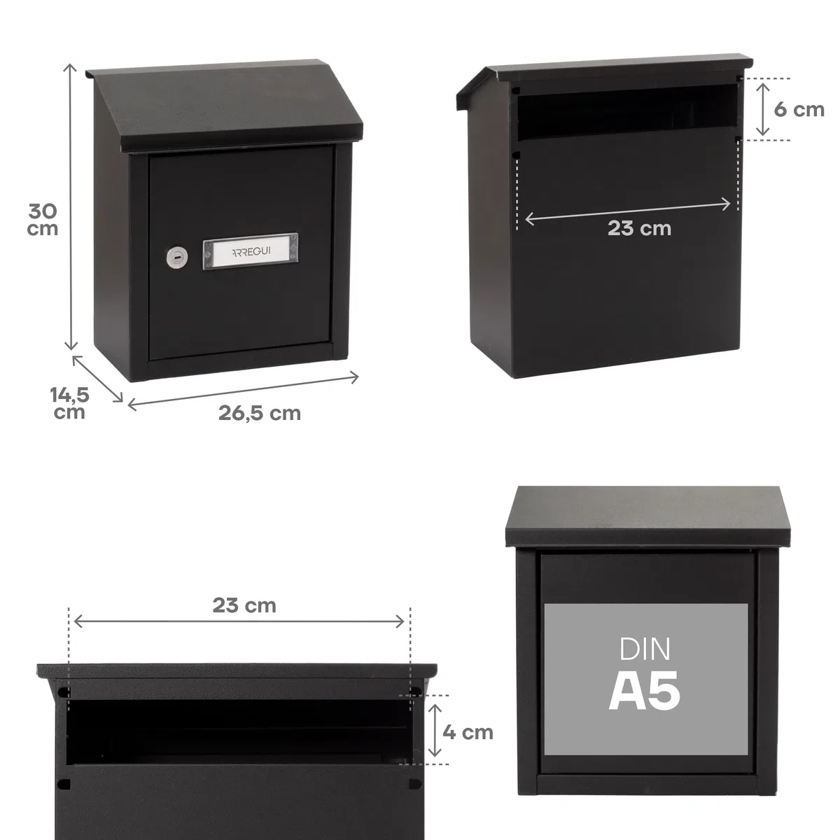 ARREGUI V4094 Boîte aux lettres en acier pour porte, mur et portail, Boîte aux lettres intérieure avec fente de 23 x 4 cm, Taille S (Courrier A5), Résistant aux intempéries, Installation facile, Noir