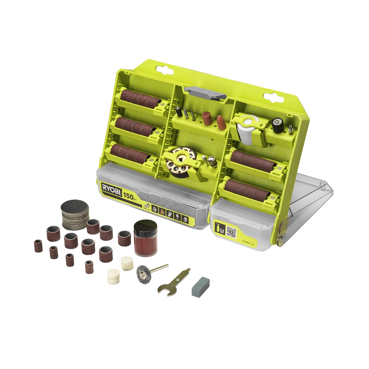 RYOBI - Coffret 150 Accessoires RYOBI - Twist Lock pour Mini-Outil - Changement Rapide - Coupe, Ponçage, Polissage & Gravure - Complet & Polyvalent - RAR800K-150