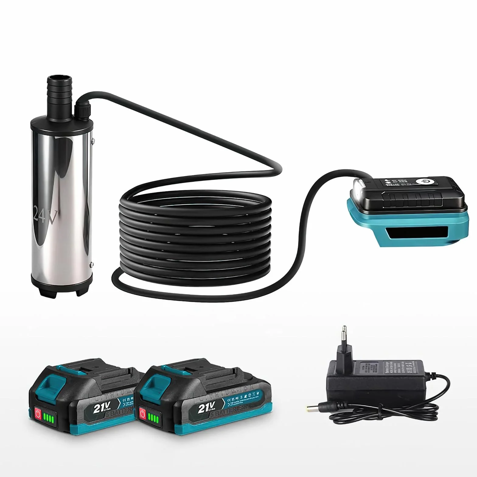 Pompe à eau portable pour batterie au lithium Makita 18 V, pompe de transfert 21 V avec câble de 5 m, pompe à eau électrique pour piscines, aquariums, fontaines, étangs et jeux d'eau (2 batteries de