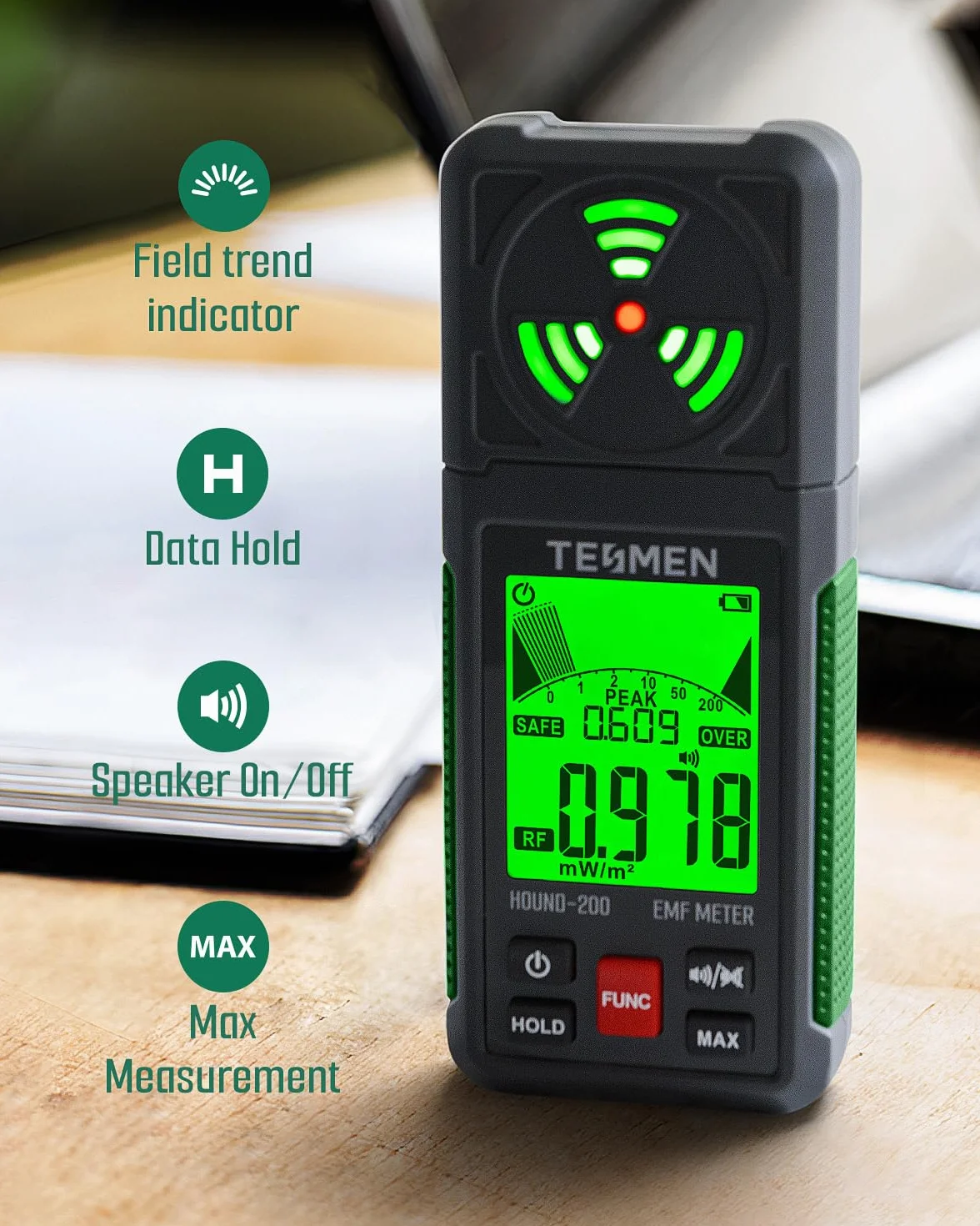 TESMEN Hound-200 Compteur EMF, Détecteur de Radiation de Champ Électromagnétique Portable 3-en-1 pour EF RF MF, pour les inspections EMF à domicile, en extérieur, et la chasse aux fantômes - Vert
