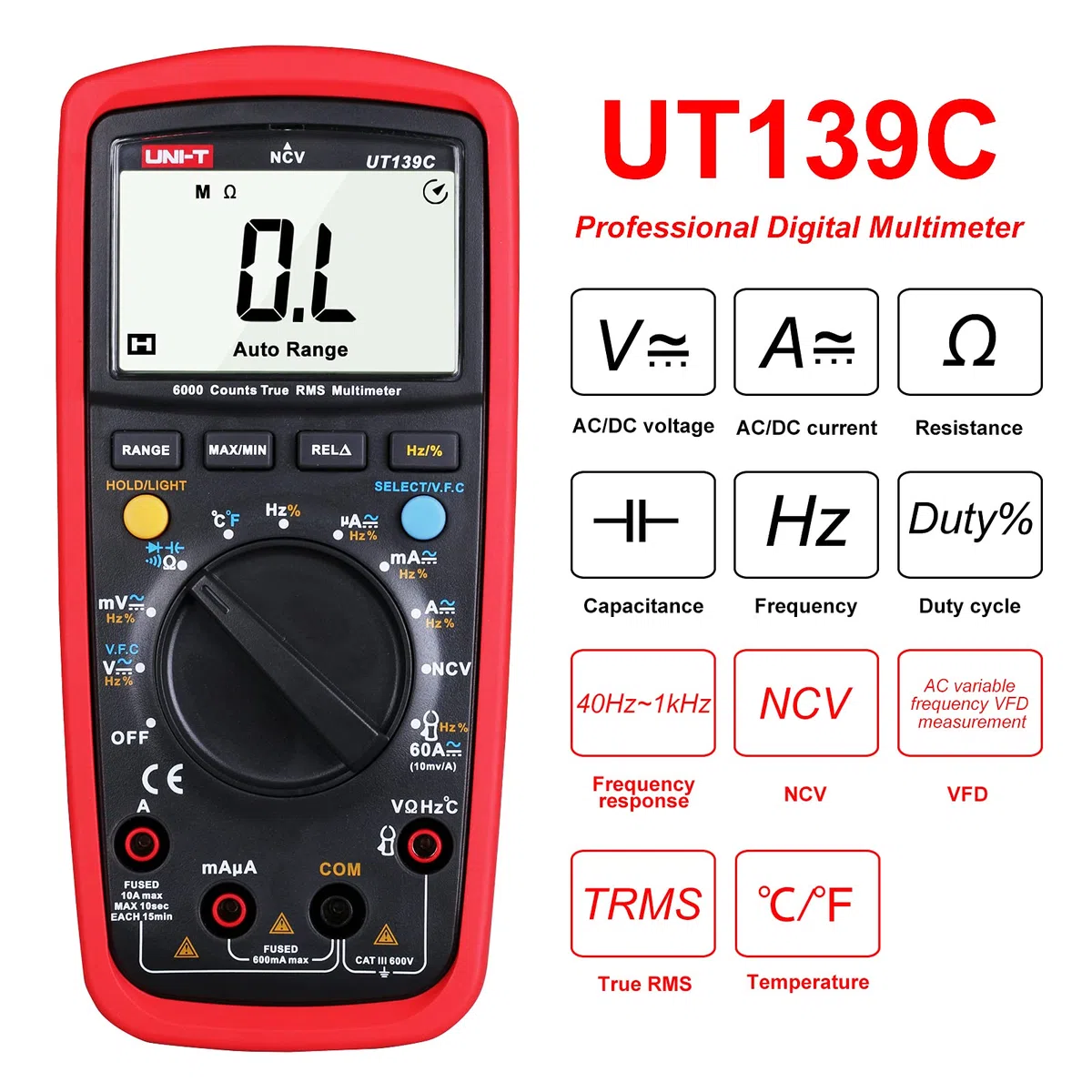 UNI-T UT139C Numérique Multimètre AD/DC Tension Actuel Testeur Avec Résistance Capacitance Test NCV et Température La Mesure