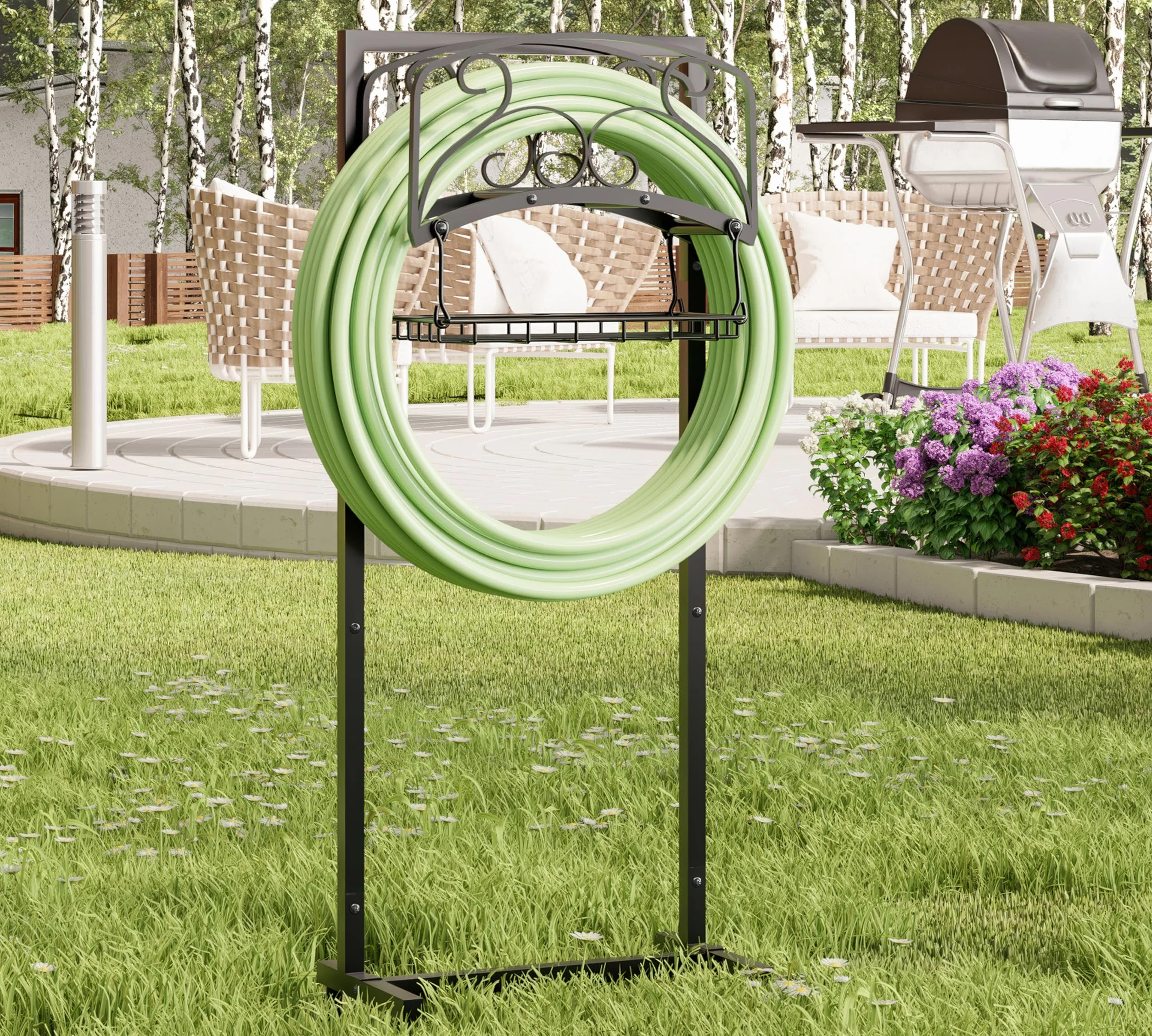 Kingson Support de tuyau d'arrosage portable avec panier de rangement – Support en acier robuste, peut contenir un tuyau de 45 m, finition noire, design amovible