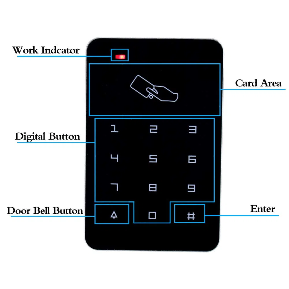 KDL Kit Complet de système de contrôle d'accès RFID Clavier Autonome avec Verrouillage de gâche électrique de Type NO, Alimentation DC12V / 3A, Interrupteur de Porte, 10pcs étiquettes de clé RFID