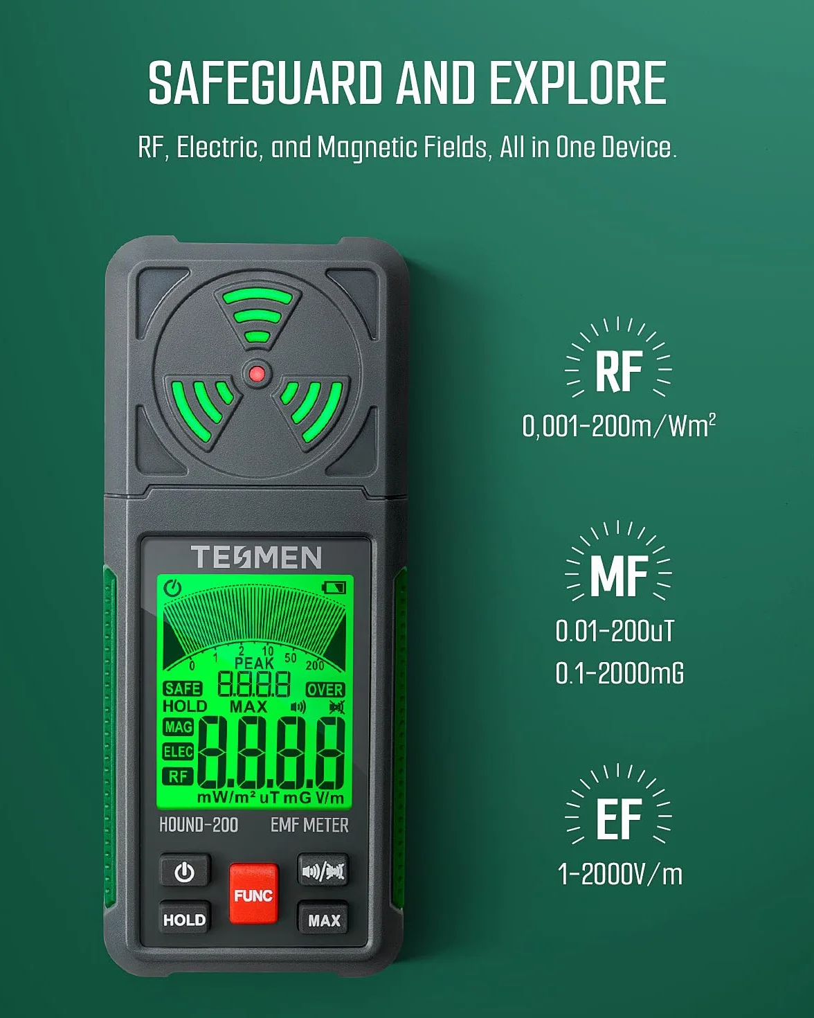TESMEN Hound-200 Compteur EMF, Détecteur de Radiation de Champ Électromagnétique Portable 3-en-1 pour EF RF MF, pour les inspections EMF à domicile, en extérieur, et la chasse aux fantômes - Vert