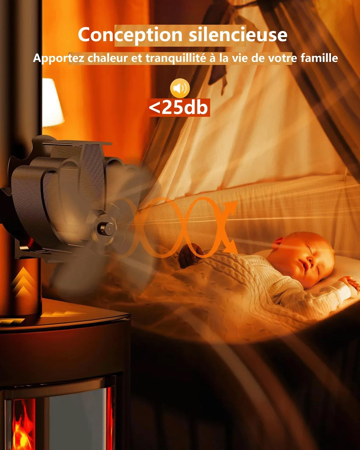 Ventilateur Poele à Bois, Ventilateur de poêle à bois magnétique à 4 pales, Fixé à la cheminée, Silencieux et économe en énergie, Pour Cheminées,Poêles à Gaz,Cuisinières à Bois,Poêles à granulés (L)
