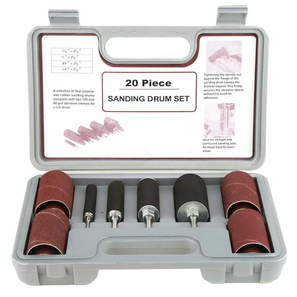 Ensemble de ponceuses à tambour, ensemble d'outils de ponceuse à broche 20 pièces avec étui de rangement solide pour perceuse, ensemble de ponceuses à tambour