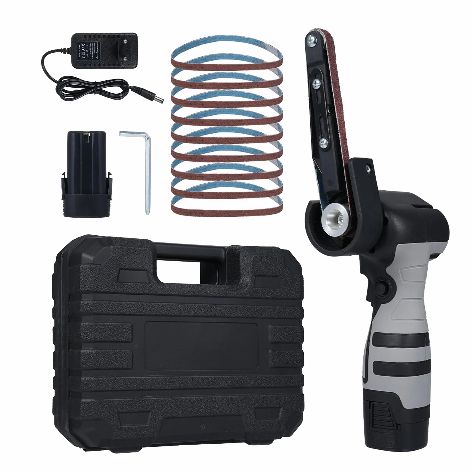 Geevorks Ponceuse à bande électrique Mini-ponceuse à bande de 6500 tr/min et 10 bandes abrasives pour bois, métal et plastique