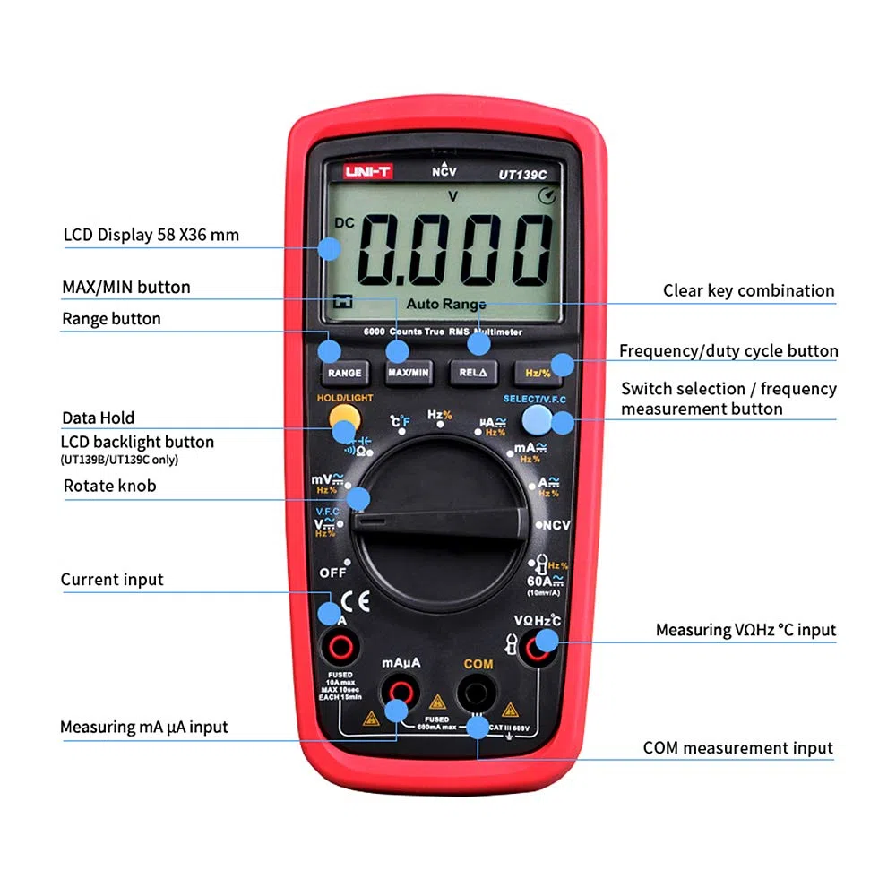 UNI-T UT139C Numérique Multimètre AD/DC Tension Actuel Testeur Avec Résistance Capacitance Test NCV et Température La Mesure