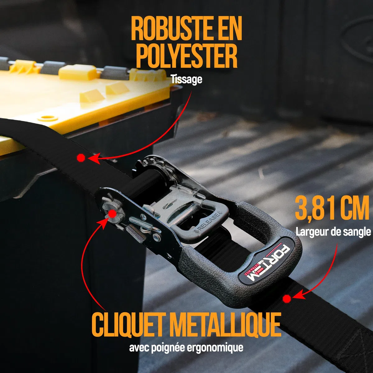 FORTEM Sangle a cliquet, Sangles d'arrimage à cliquet 4x4,5 m (Résistance 2362 kg), Sangle demenagement, Moto, remorque, Camion, 4 Boucles Souples, Crochets Métal Enduit, Sac inclu