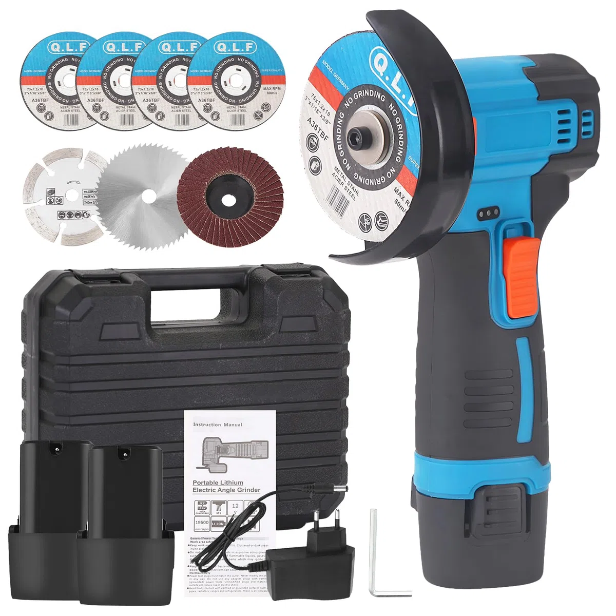 Mini Meuleuse D'Angle Sans Fil 19500RPM 12V Professional Disqueuse Sans Fil avec 2 batteries 4500mAh, 7 Disques à Tronçonner 75mm, Meuleuse d'angle pour Couper, Polir et Poncer