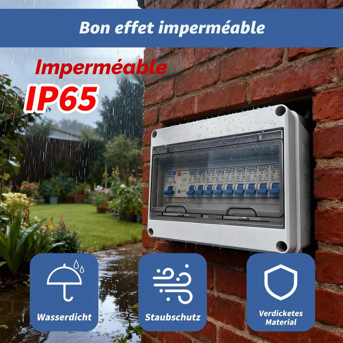 Coffret Electrique Etanche, Tableau Electrique avec Disjoncteur Différentiel, Boîtier de distribution électrique IP65 pour Caravanes/Garages/Ateliers/Villas, Disjoncteur 125A, 7x16A+2x20A
