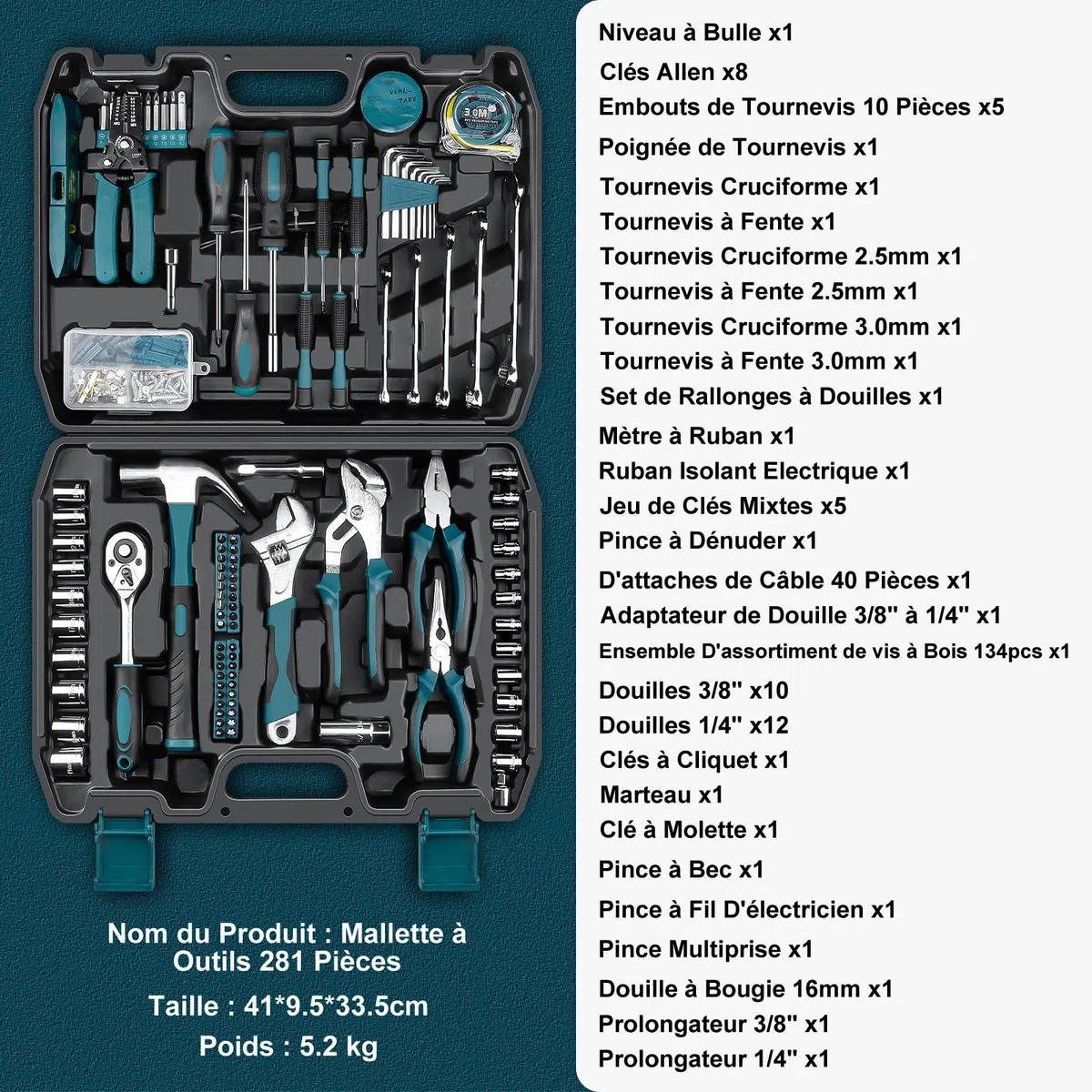 Sundpey Boite a Outils Complete 281 pièces - Caisse a outil pour Hommes et Femmes Malette Outils Complet Avec Ensemble de Clés à Douille Ensemble de Tournevis Clé Hexagonale Métrique Pinces