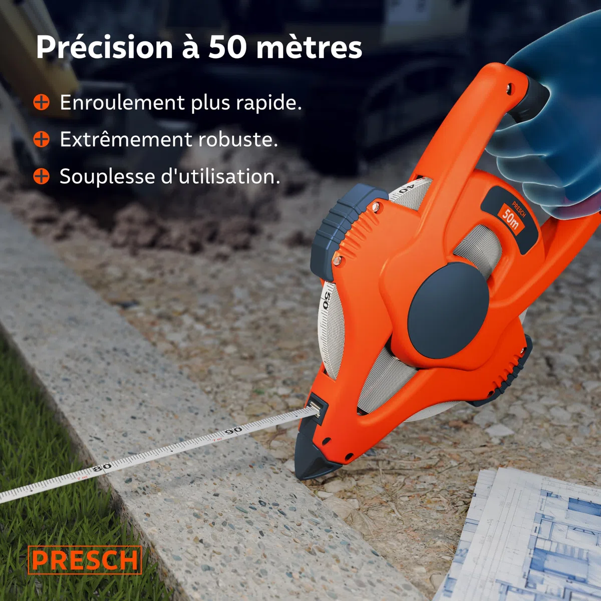 Presch Mètre Ruban 50m – Décamètre en Fibre de Verre résistant – Retour Rapide 3:1 – Verrouillage par Manivelle – Maintien sûr avec crochet multifonctions - Mètre enrouleur, Ruban d'Arpenteur